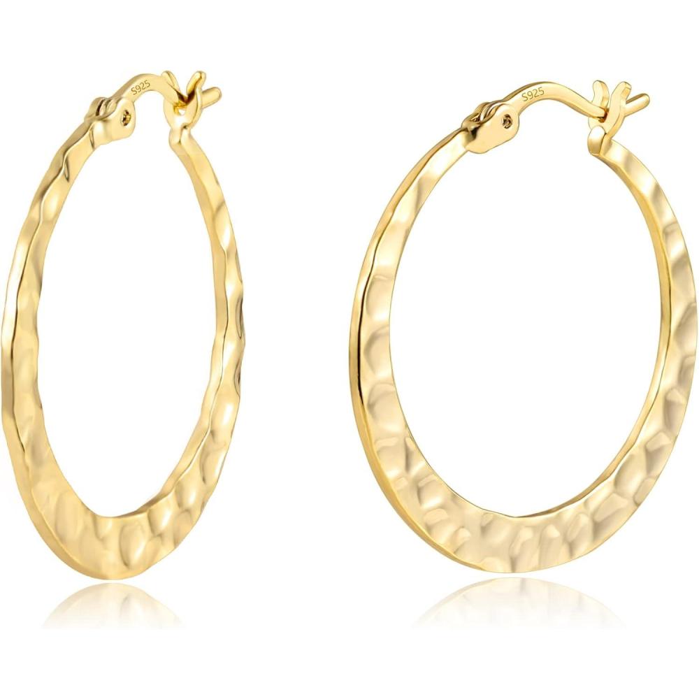 Lancharmed 925 Sterling Silver Hammered Hoop Earrings Lightweight Large Hoops Hypoallergenic Jewelry Gift 30MM(Gold)