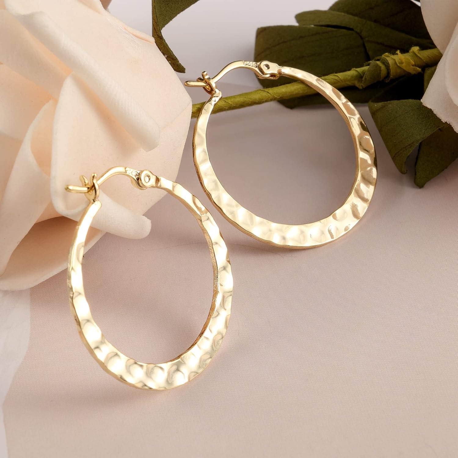 Lancharmed 925 Sterling Silver Hammered Hoop Earrings Lightweight Large Hoops Hypoallergenic Jewelry Gift 30MM(Gold)