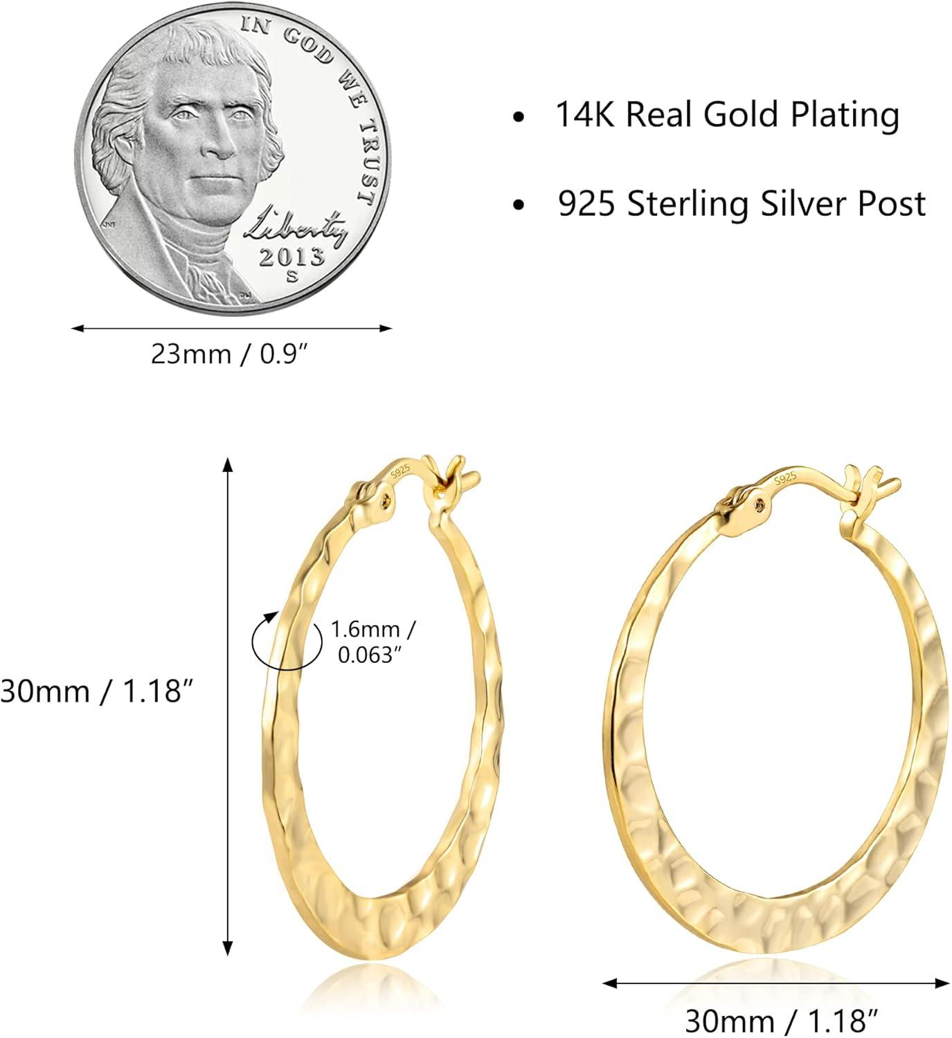 Lancharmed 925 Sterling Silver Hammered Hoop Earrings Lightweight Large Hoops Hypoallergenic Jewelry Gift 30MM(Gold)