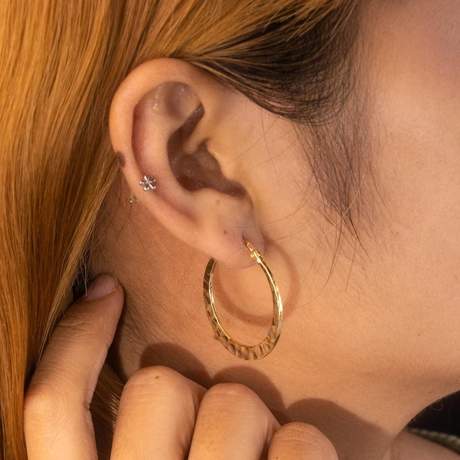 Lancharmed 925 Sterling Silver Hammered Hoop Earrings Lightweight Large Hoops Hypoallergenic Jewelry Gift 30MM(Gold)