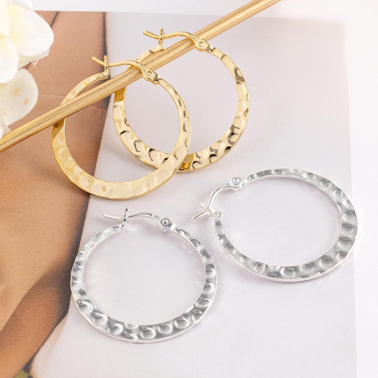 Lancharmed 925 Sterling Silver Hammered Hoop Earrings Lightweight Large Hoops Hypoallergenic Jewelry Gift 30MM(Gold)