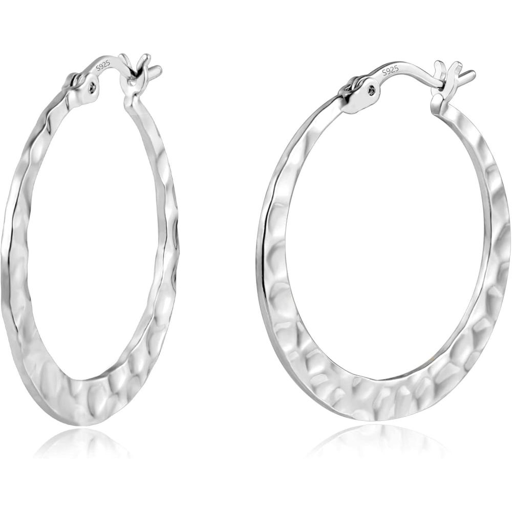 Lancharmed 925 Sterling Silver Hammered Hoop Earrings Lightweight Large Hoops Hypoallergenic Jewelry Gift 30MM(Silver)
