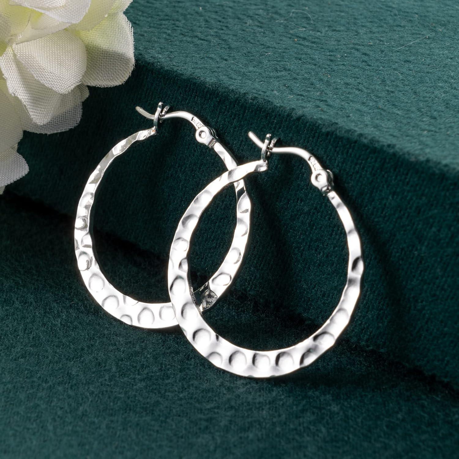 Lancharmed 925 Sterling Silver Hammered Hoop Earrings Lightweight Large Hoops Hypoallergenic Jewelry Gift 30MM(Silver)