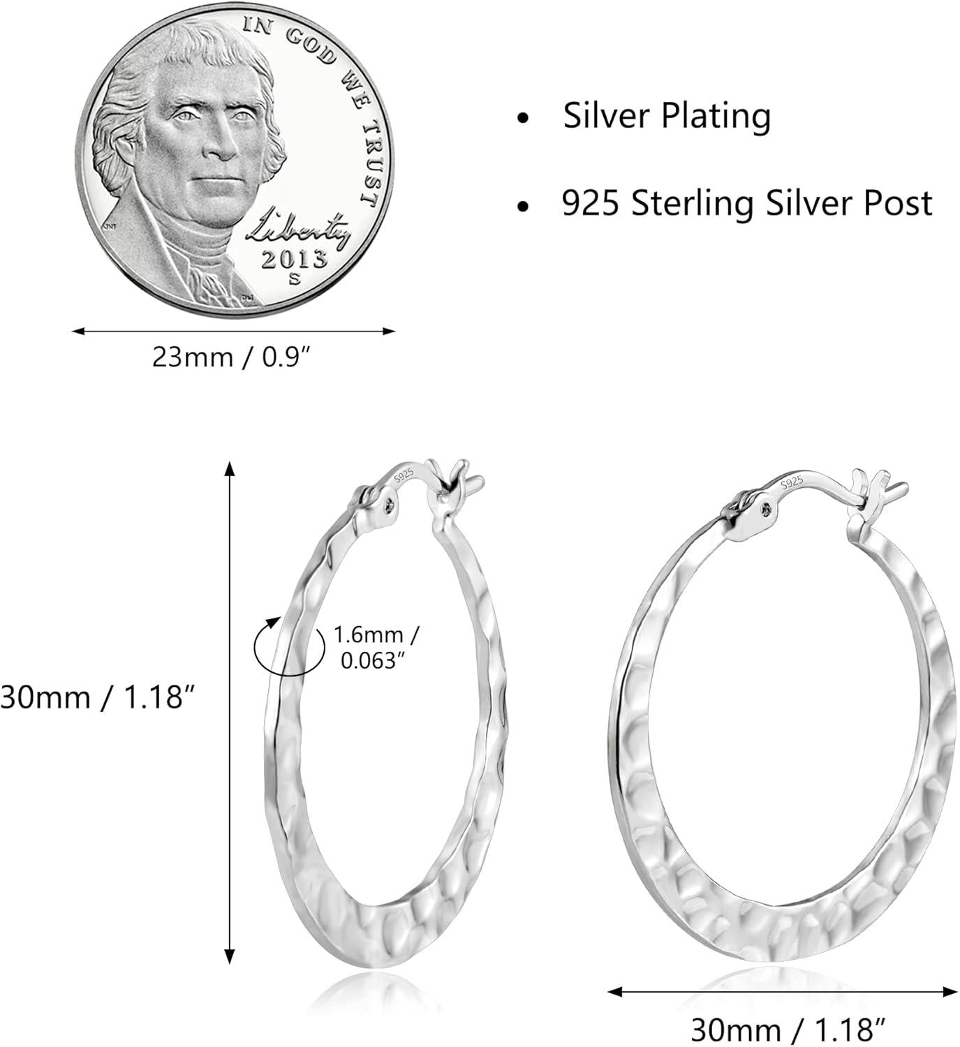 Lancharmed 925 Sterling Silver Hammered Hoop Earrings Lightweight Large Hoops Hypoallergenic Jewelry Gift 30MM(Silver)
