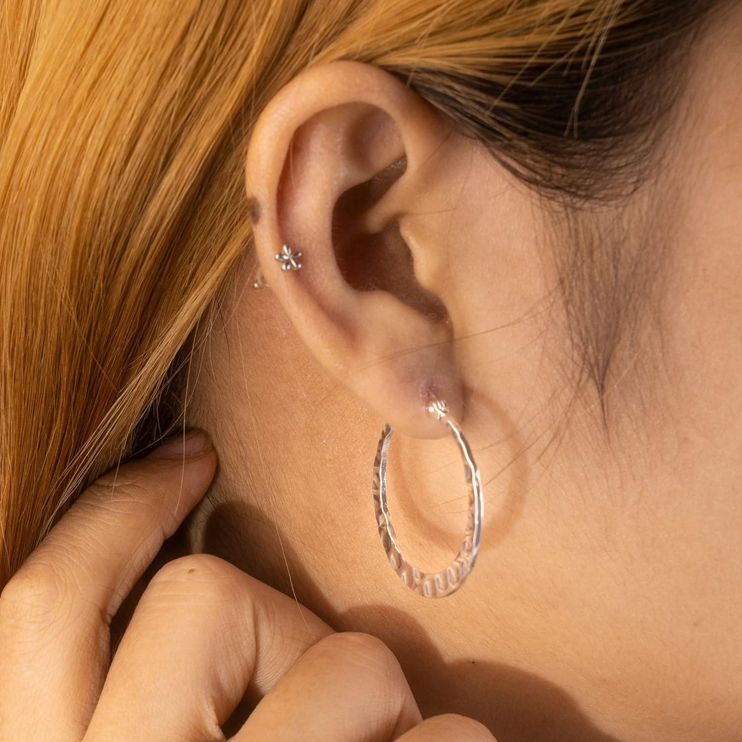 Lancharmed 925 Sterling Silver Hammered Hoop Earrings Lightweight Large Hoops Hypoallergenic Jewelry Gift 30MM(Silver)