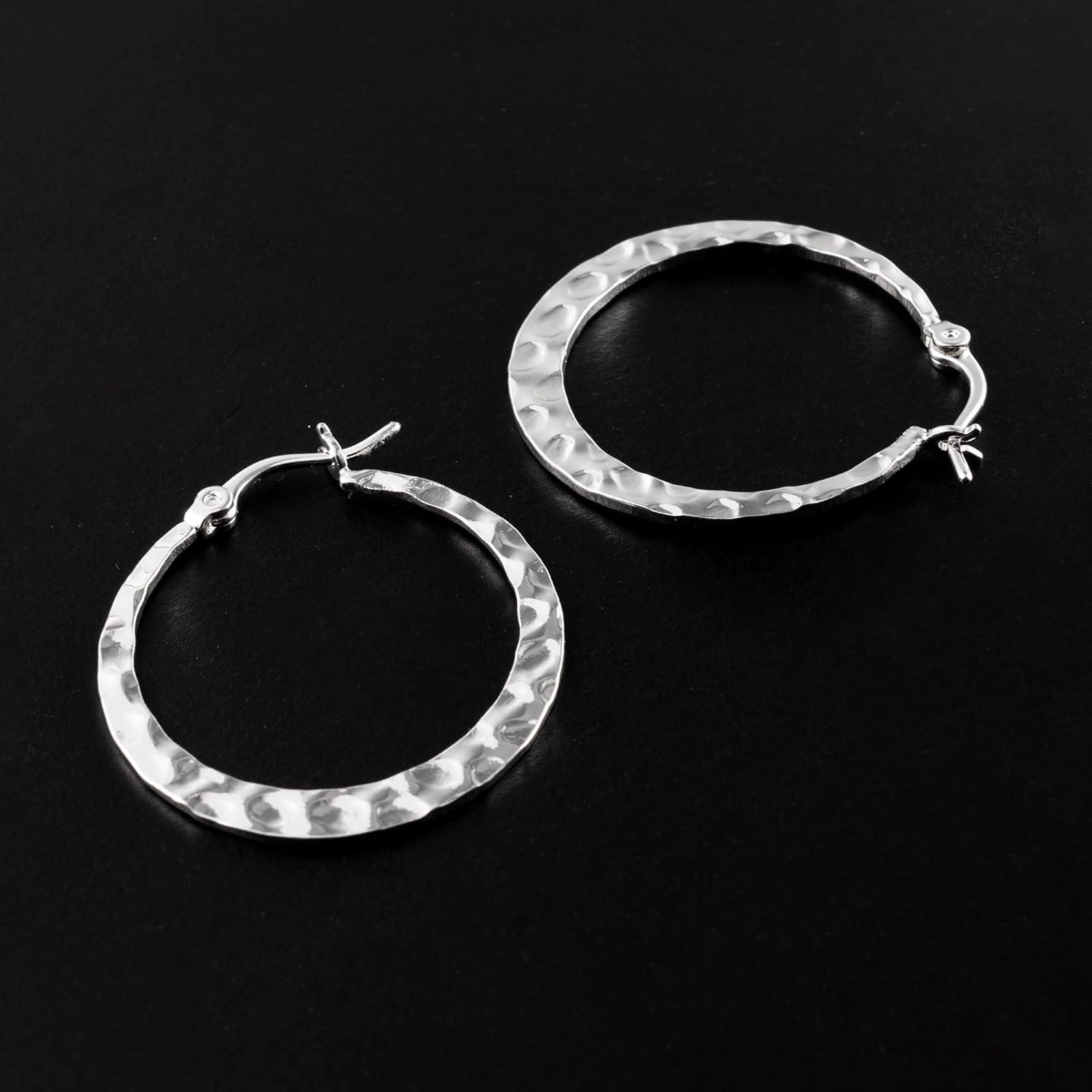 Lancharmed 925 Sterling Silver Hammered Hoop Earrings Lightweight Large Hoops Hypoallergenic Jewelry Gift 30MM(Silver)