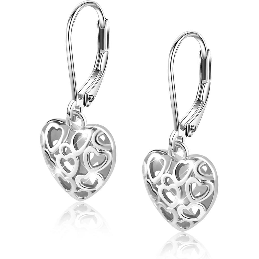 LANCHARMED 925 Sterling Silver 14K Gold French Style Leverback Earrings, Heart Dangle Drop Earrings for Women Hypoallergenic Jewelry(Heart Dangle Silver)