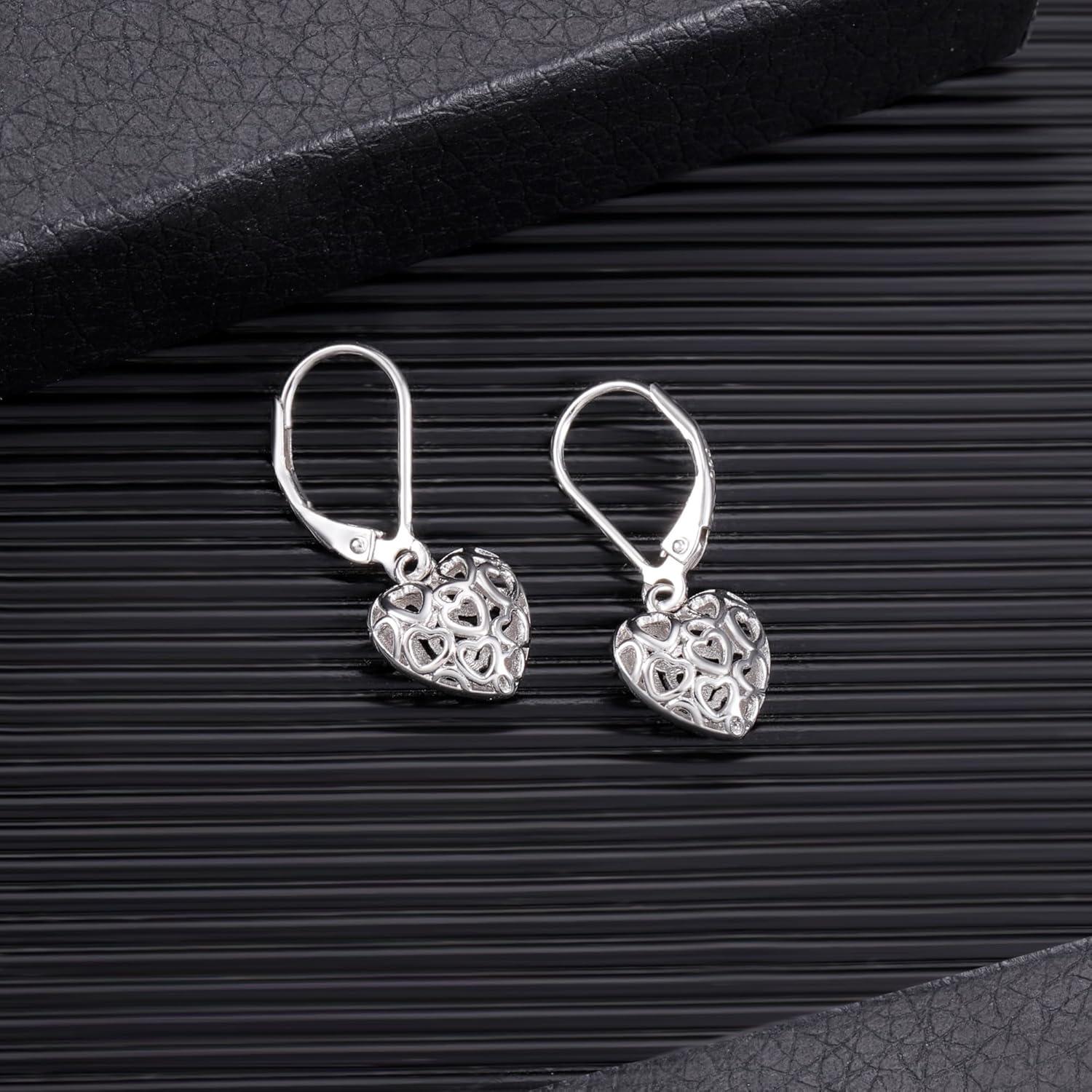 LANCHARMED 925 Sterling Silver 14K Gold French Style Leverback Earrings, Heart Dangle Drop Earrings for Women Hypoallergenic Jewelry(Heart Dangle Silver)