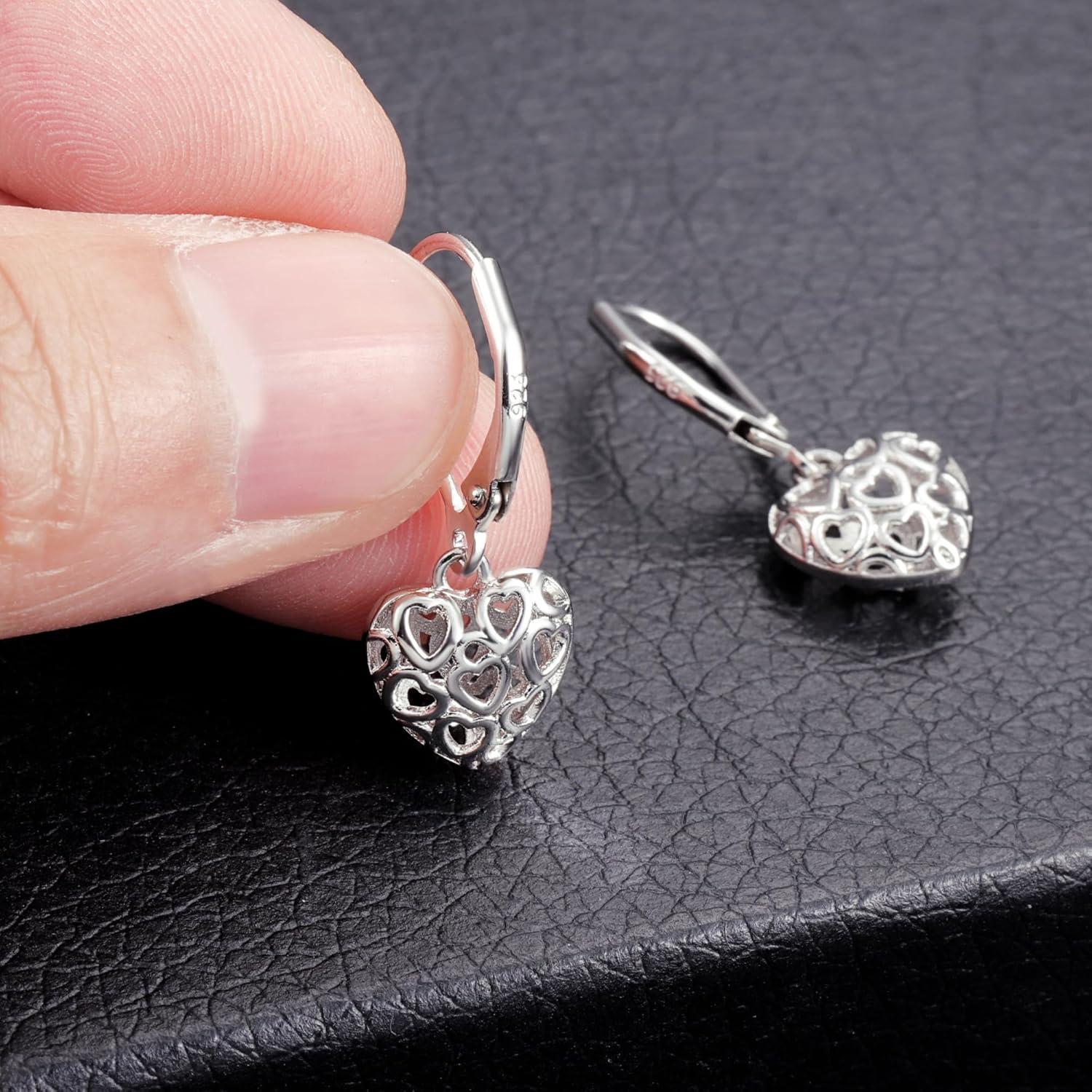 LANCHARMED 925 Sterling Silver 14K Gold French Style Leverback Earrings, Heart Dangle Drop Earrings for Women Hypoallergenic Jewelry(Heart Dangle Silver)