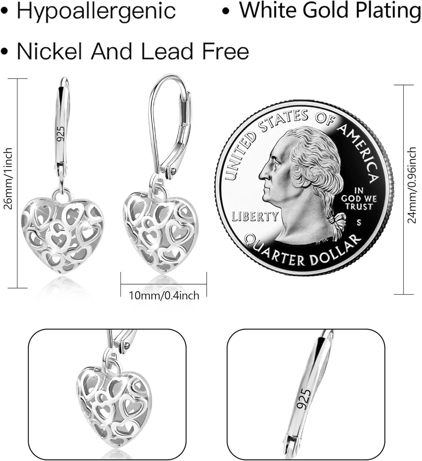 LANCHARMED 925 Sterling Silver 14K Gold French Style Leverback Earrings, Heart Dangle Drop Earrings for Women Hypoallergenic Jewelry(Heart Dangle Silver)