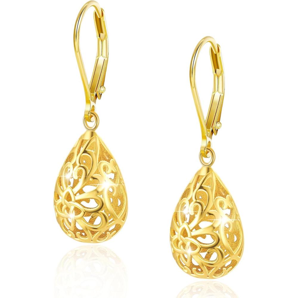 LANCHARMED 925 Sterling Silver 14K Gold French Style Leverback Earrings, Heart Dangle Drop Earrings for Women Hypoallergenic Jewelry(Teardrop Dangle 14K Gold)