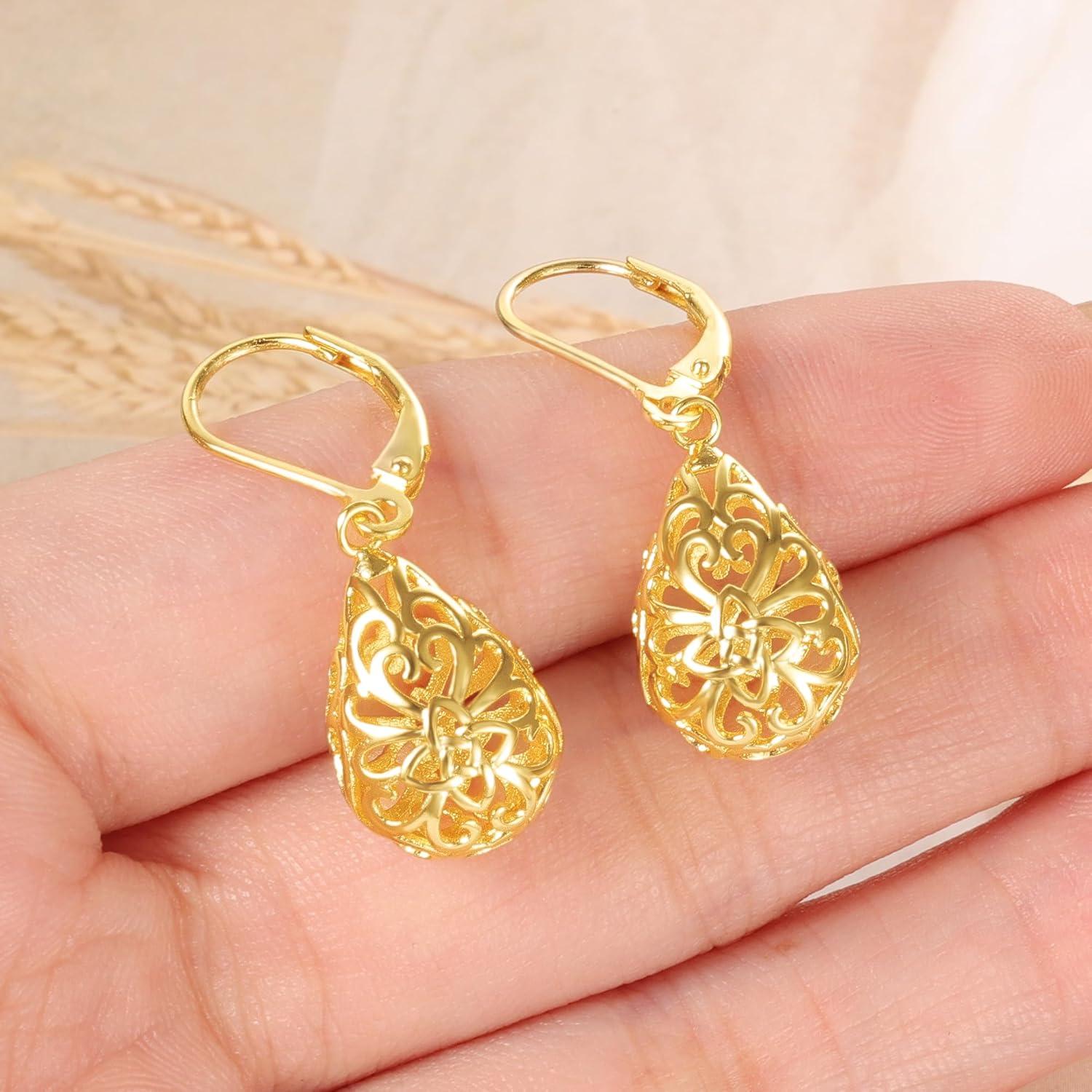 LANCHARMED 925 Sterling Silver 14K Gold French Style Leverback Earrings, Heart Dangle Drop Earrings for Women Hypoallergenic Jewelry(Teardrop Dangle 14K Gold)