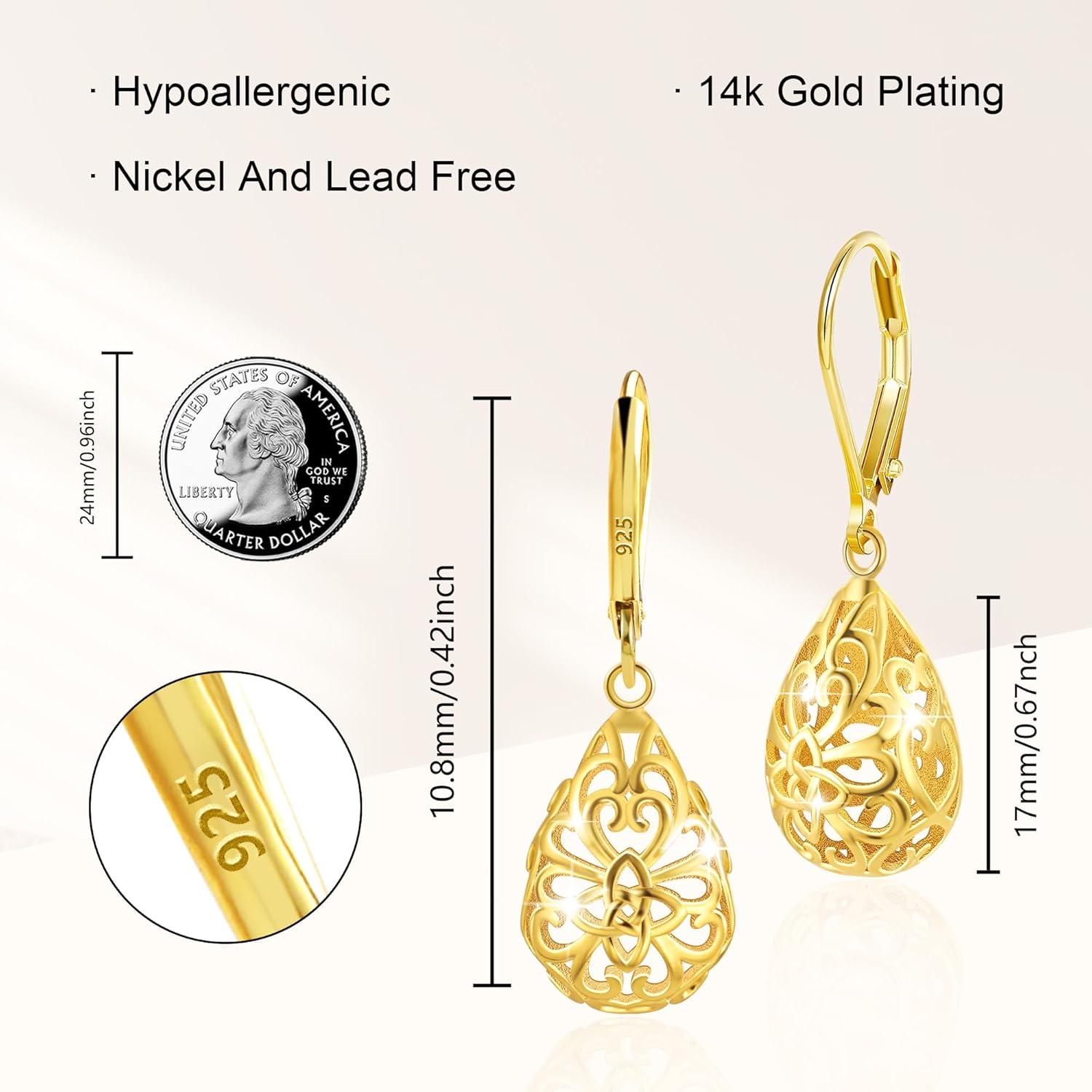 LANCHARMED 925 Sterling Silver 14K Gold French Style Leverback Earrings, Heart Dangle Drop Earrings for Women Hypoallergenic Jewelry(Teardrop Dangle 14K Gold)