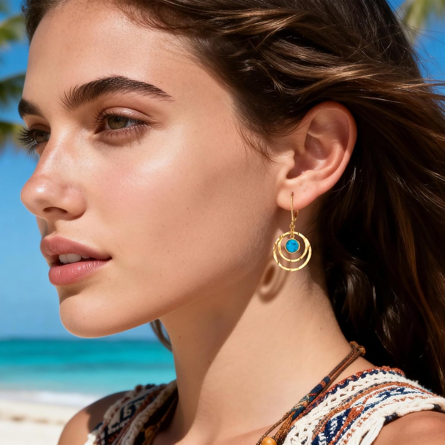 Silver Leverback Earrings for Women Double Circle Dangle Drop Earrings(B-14K Gold)
