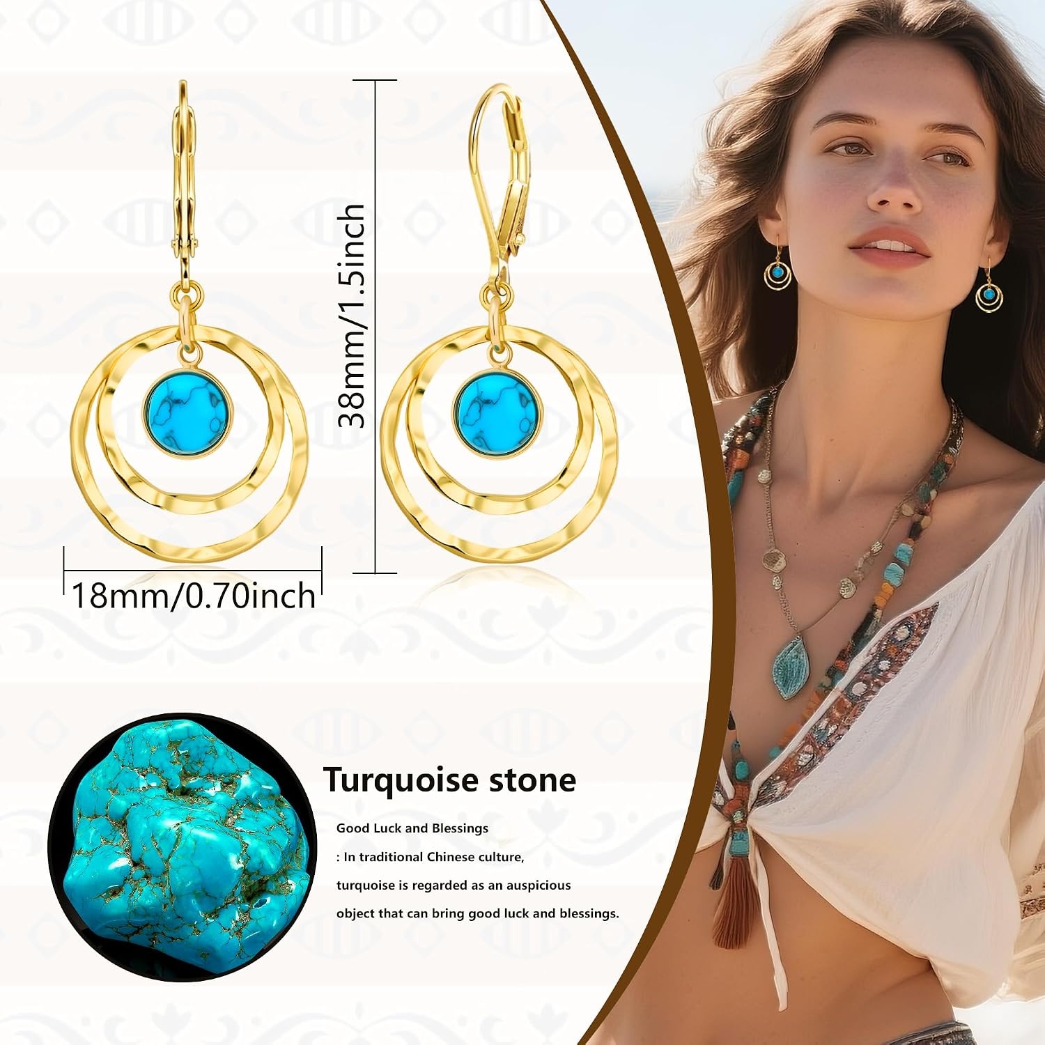 Silver Leverback Earrings for Women Double Circle Dangle Drop Earrings(B-14K Gold)