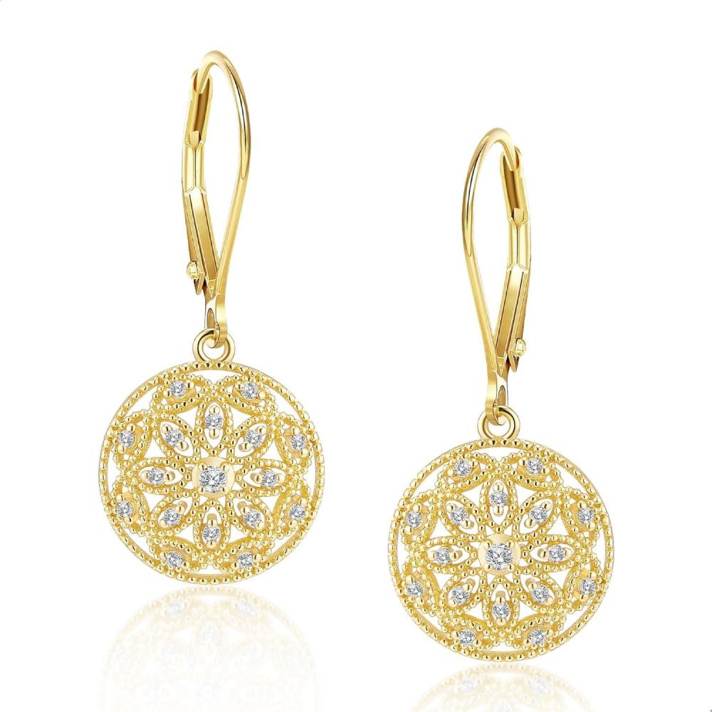 925 Sterling Silver Teardrop Dangle Earrings for Women Cubic Zirconia Leverback Filigree Drop Dangle Earrings Jewelry Hypoallergenic Silver Teardrop Filigree Earring for Gifts(B-14K Gold)