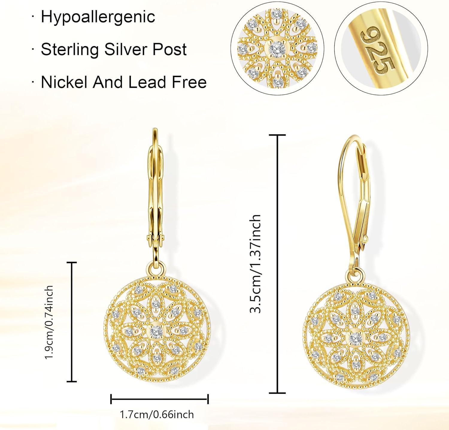 925 Sterling Silver Teardrop Dangle Earrings for Women Cubic Zirconia Leverback Filigree Drop Dangle Earrings Jewelry Hypoallergenic Silver Teardrop Filigree Earring for Gifts(B-14K Gold)