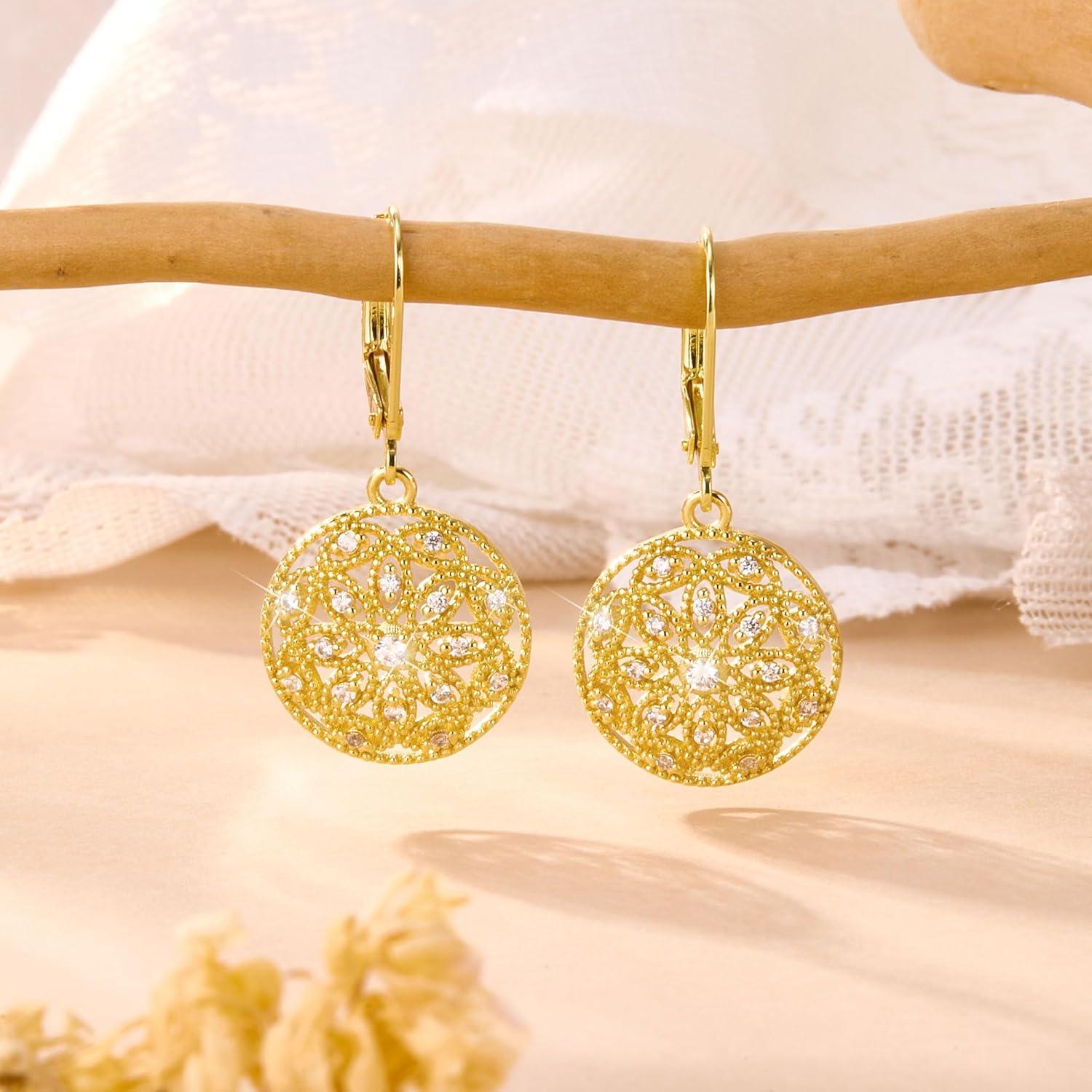 925 Sterling Silver Teardrop Dangle Earrings for Women Cubic Zirconia Leverback Filigree Drop Dangle Earrings Jewelry Hypoallergenic Silver Teardrop Filigree Earring for Gifts(B-14K Gold)