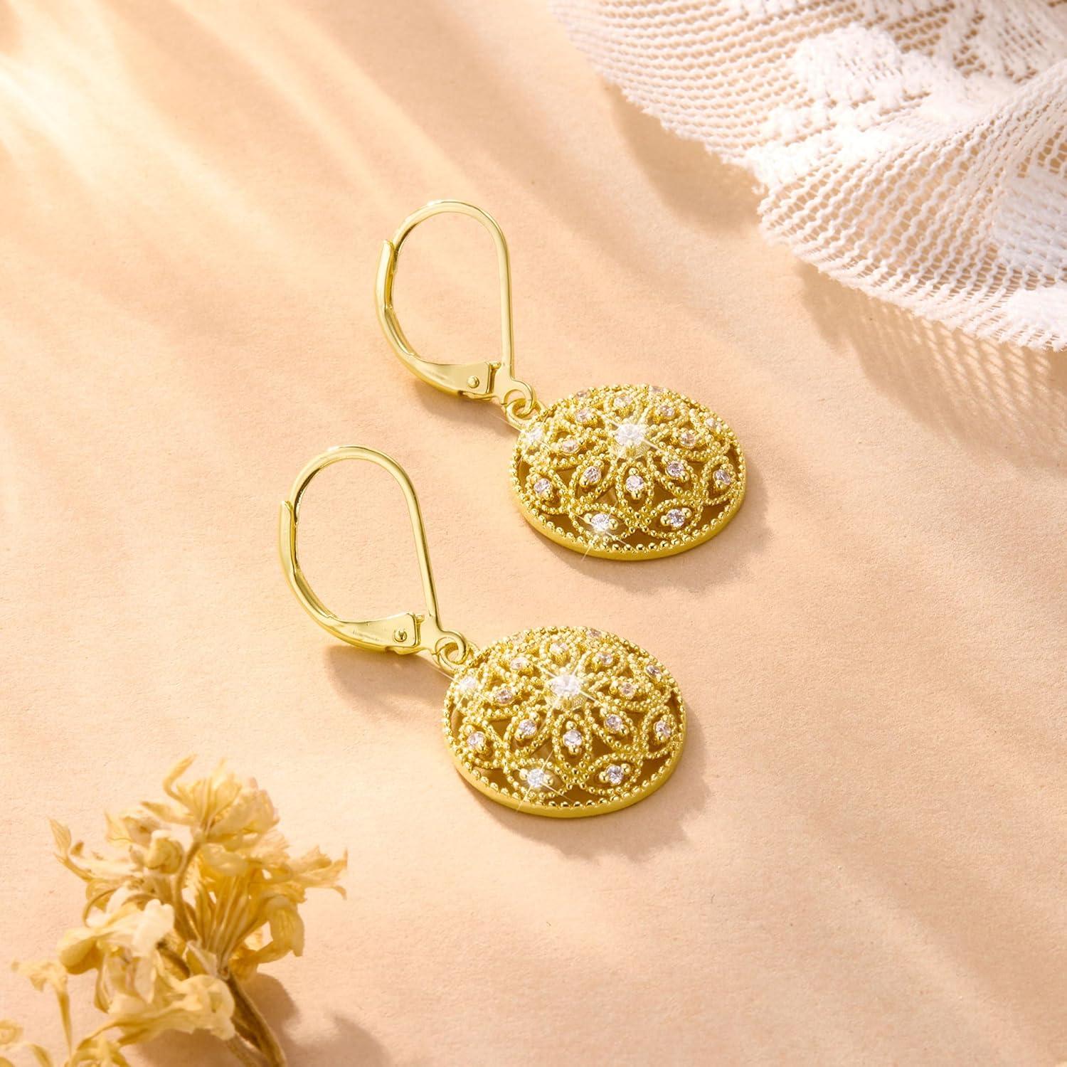 925 Sterling Silver Teardrop Dangle Earrings for Women Cubic Zirconia Leverback Filigree Drop Dangle Earrings Jewelry Hypoallergenic Silver Teardrop Filigree Earring for Gifts(B-14K Gold)