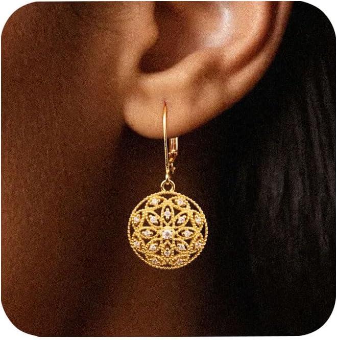 925 Sterling Silver Teardrop Dangle Earrings for Women Cubic Zirconia Leverback Filigree Drop Dangle Earrings Jewelry Hypoallergenic Silver Teardrop Filigree Earring for Gifts(B-14K Gold)
