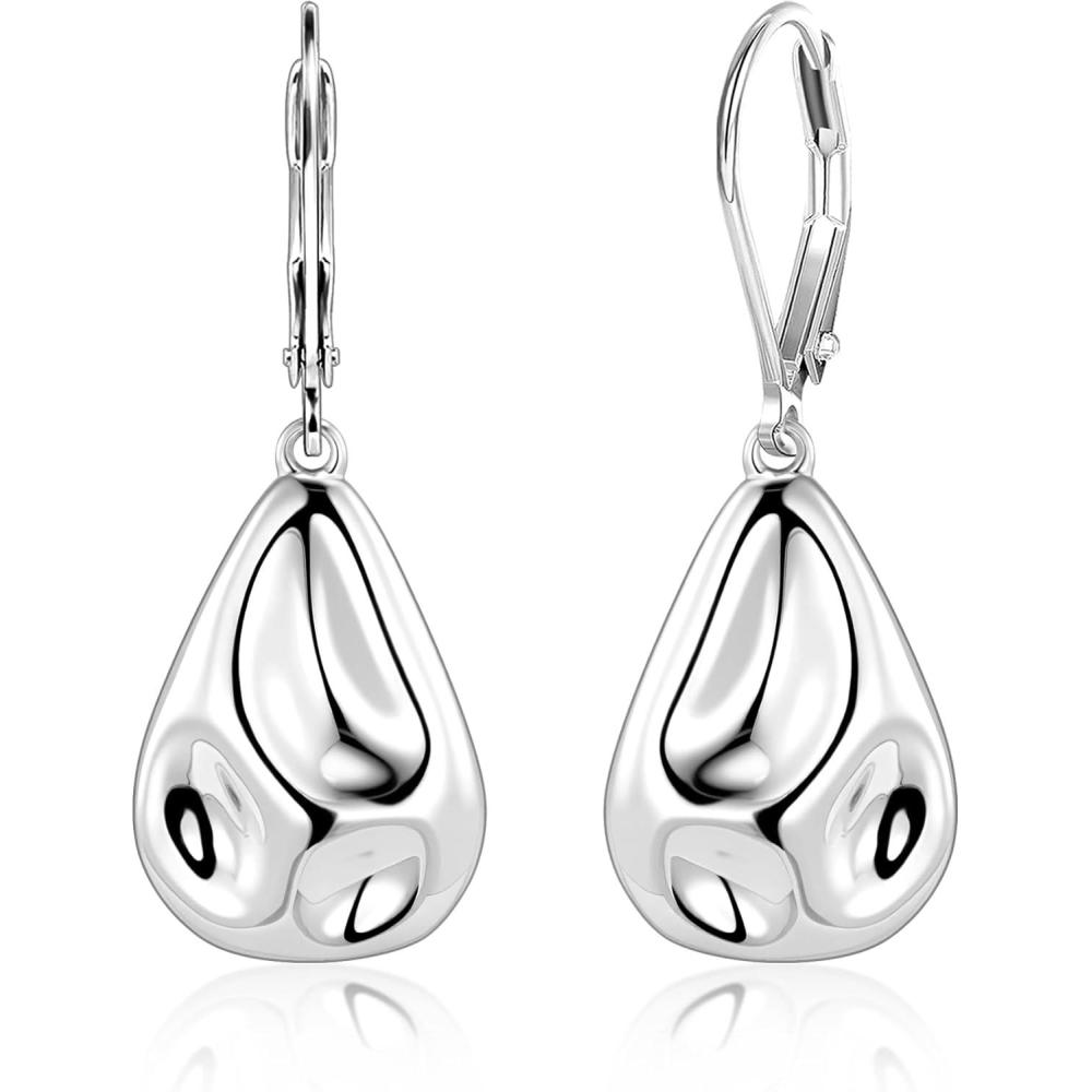 LANCHARMED 925 Sterling Silver Teardrop Dangle Earrings, Hypoallergenic 14k Gold Plated Hammered Waterdrop Earring for Women Trendy Statement Dangling Drop Leverback Earrings Gifts in Jewelry Box(SilverB)