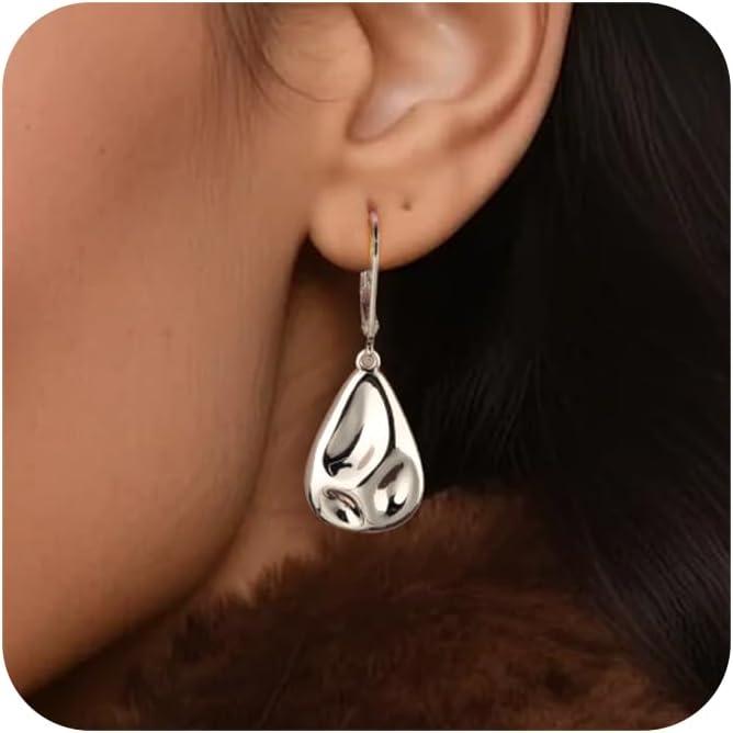 LANCHARMED 925 Sterling Silver Teardrop Dangle Earrings, Hypoallergenic 14k Gold Plated Hammered Waterdrop Earring for Women Trendy Statement Dangling Drop Leverback Earrings Gifts in Jewelry Box(SilverB)