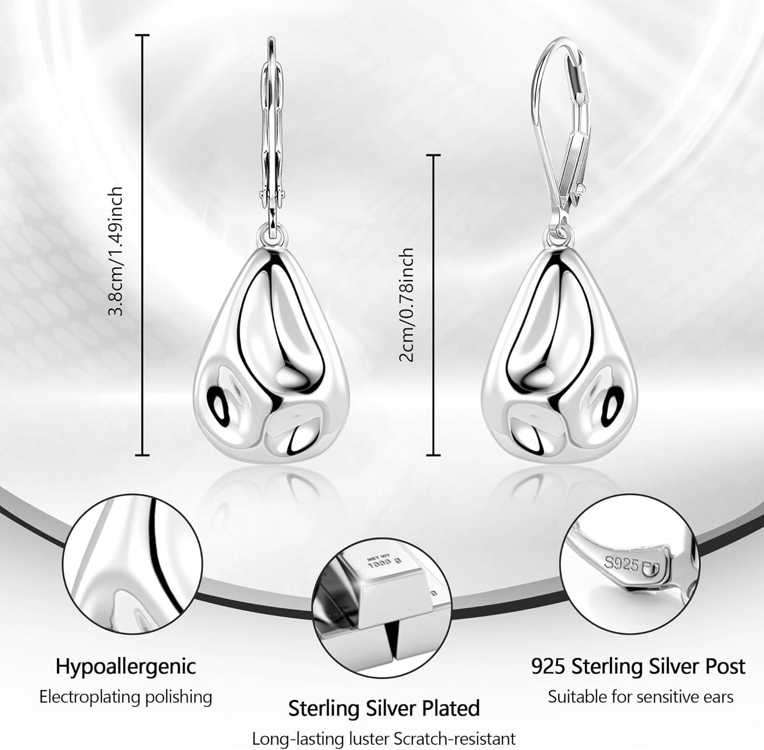 LANCHARMED 925 Sterling Silver Teardrop Dangle Earrings, Hypoallergenic 14k Gold Plated Hammered Waterdrop Earring for Women Trendy Statement Dangling Drop Leverback Earrings Gifts in Jewelry Box(SilverB)