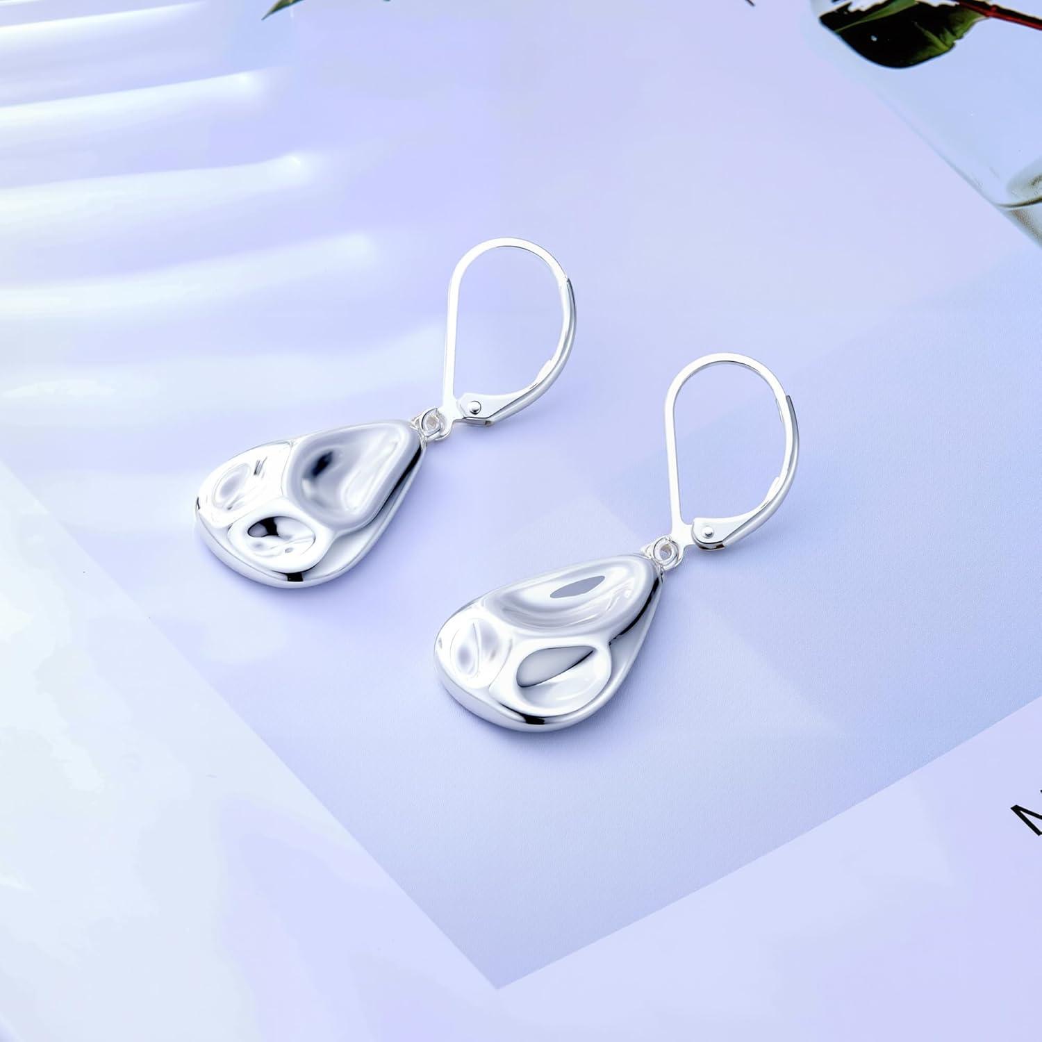 LANCHARMED 925 Sterling Silver Teardrop Dangle Earrings, Hypoallergenic 14k Gold Plated Hammered Waterdrop Earring for Women Trendy Statement Dangling Drop Leverback Earrings Gifts in Jewelry Box(SilverB)