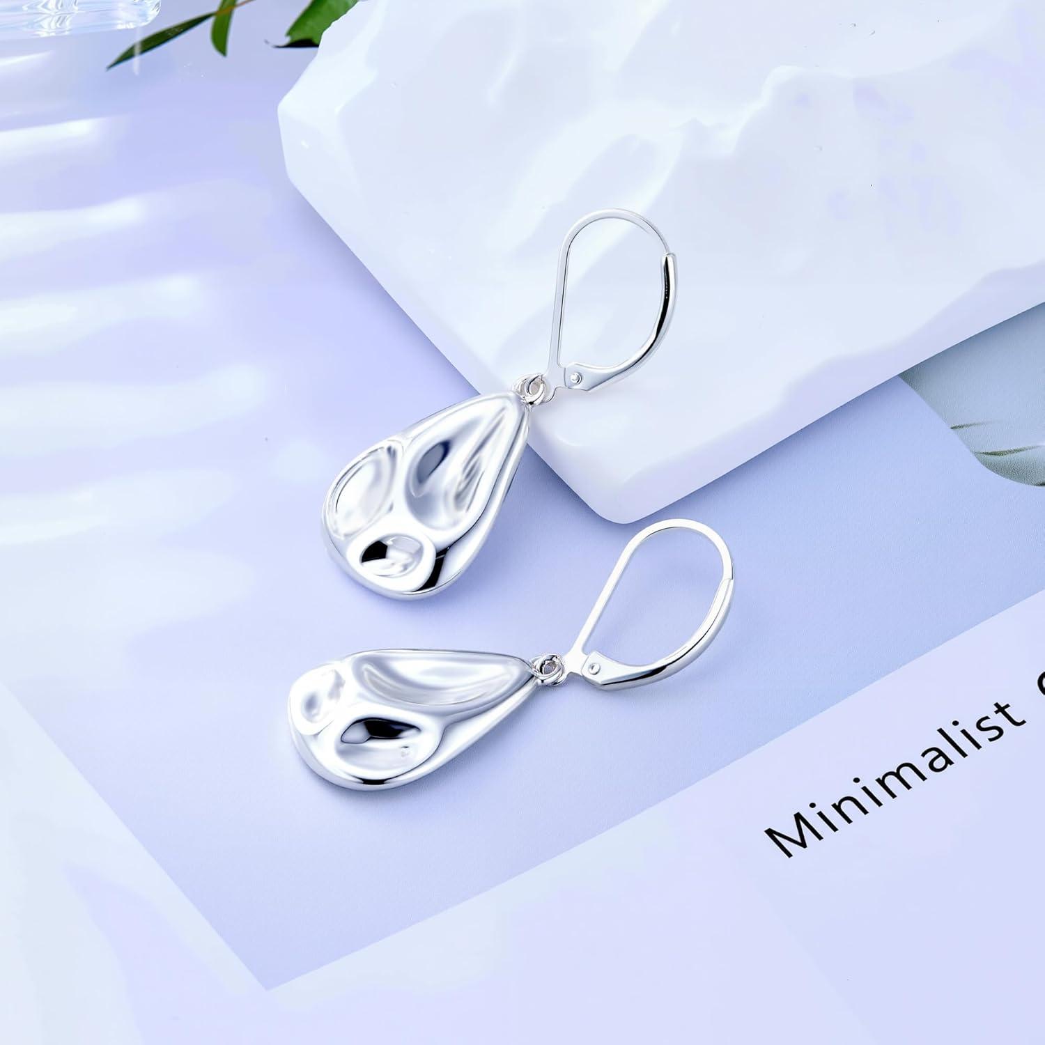 LANCHARMED 925 Sterling Silver Teardrop Dangle Earrings, Hypoallergenic 14k Gold Plated Hammered Waterdrop Earring for Women Trendy Statement Dangling Drop Leverback Earrings Gifts in Jewelry Box(SilverB)