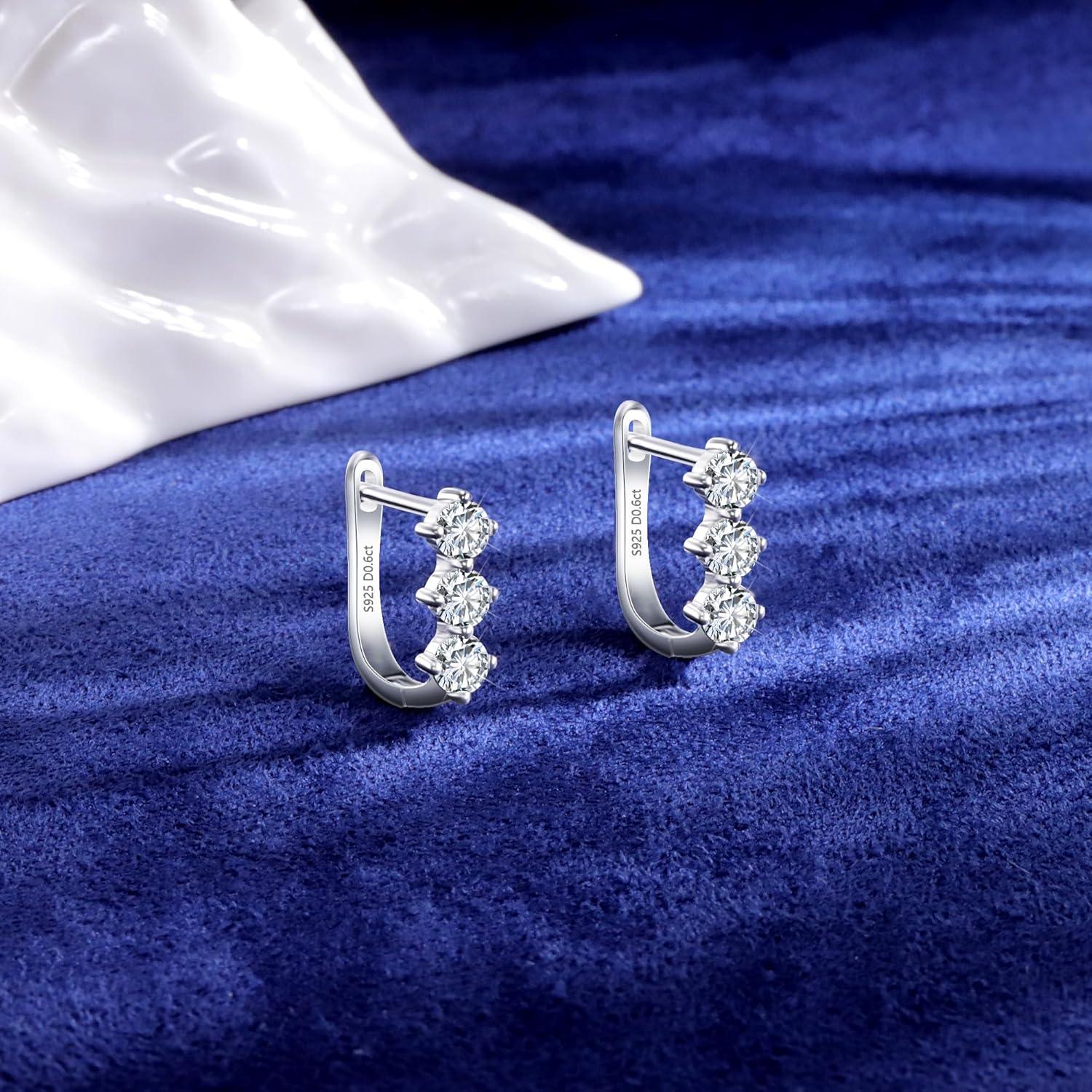 Moissanite Hoop Earrings for Women Lab Created 0.6 Carat-1.8 Carat Diamond Huggie Earrings White Gold Plated D Color Round Cut 925 Sterling Silver Earring GRA Certified(0.6*2 carat)