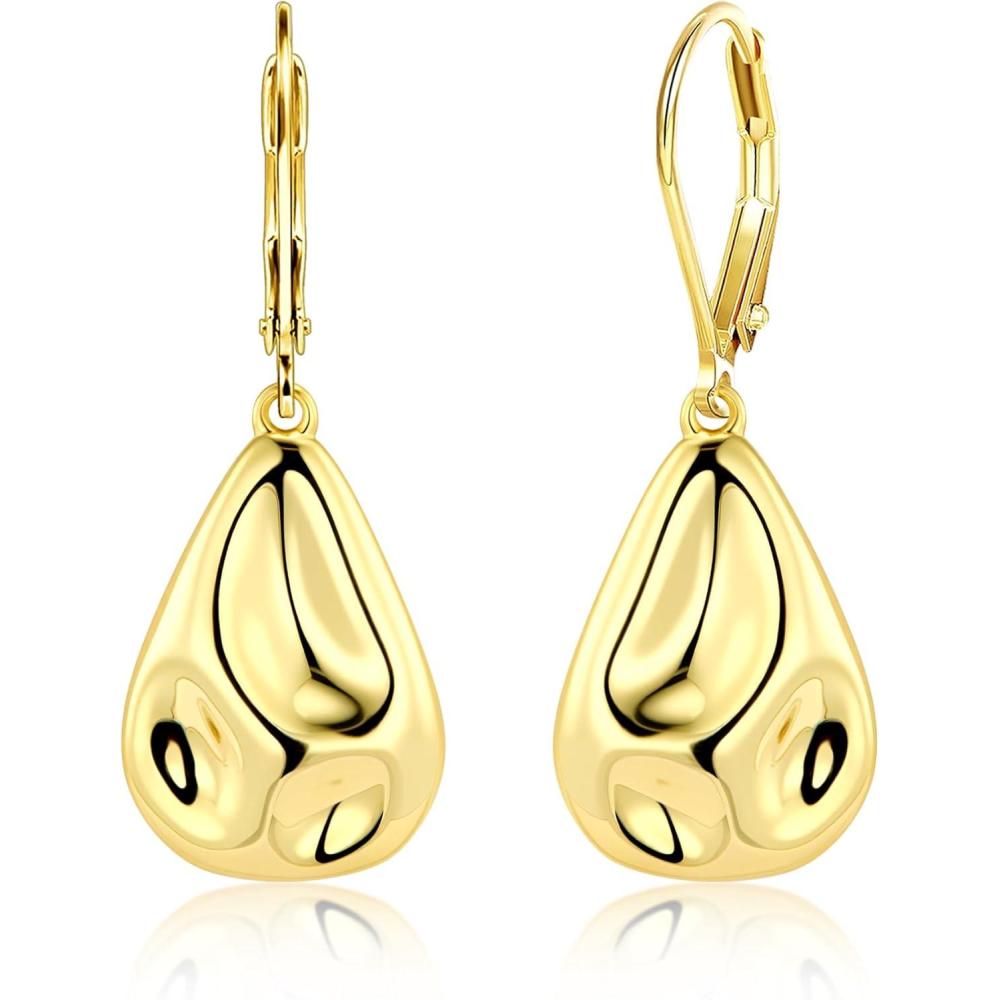 LANCHARMED 925 Sterling Silver Teardrop Dangle Earrings, Hypoallergenic 14k Gold Plated Hammered Waterdrop Earring for Women Trendy Statement Dangling Drop Leverback Earrings Gifts in Jewelry Box(GoldB)