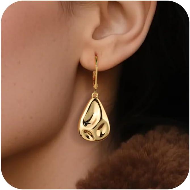 LANCHARMED 925 Sterling Silver Teardrop Dangle Earrings, Hypoallergenic 14k Gold Plated Hammered Waterdrop Earring for Women Trendy Statement Dangling Drop Leverback Earrings Gifts in Jewelry Box(GoldB)