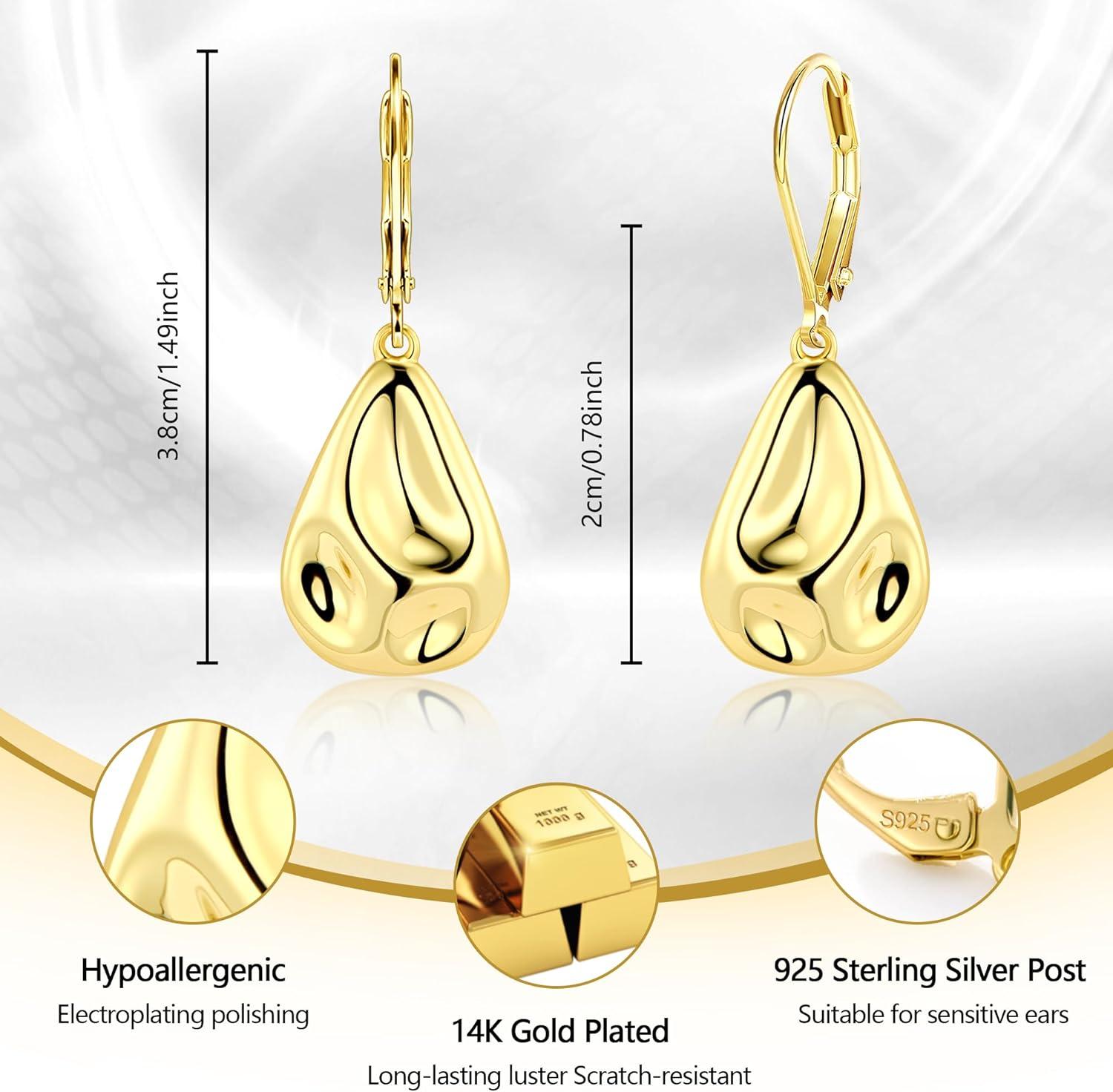 LANCHARMED 925 Sterling Silver Teardrop Dangle Earrings, Hypoallergenic 14k Gold Plated Hammered Waterdrop Earring for Women Trendy Statement Dangling Drop Leverback Earrings Gifts in Jewelry Box(GoldB)