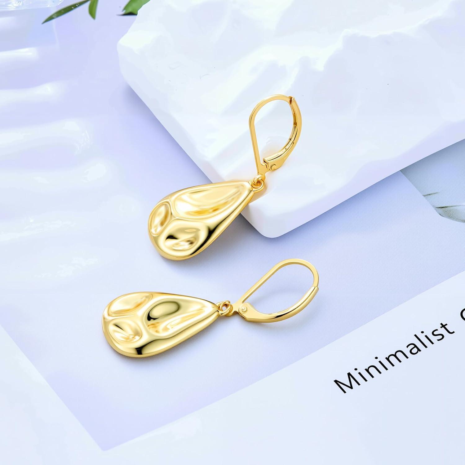 LANCHARMED 925 Sterling Silver Teardrop Dangle Earrings, Hypoallergenic 14k Gold Plated Hammered Waterdrop Earring for Women Trendy Statement Dangling Drop Leverback Earrings Gifts in Jewelry Box(GoldB)