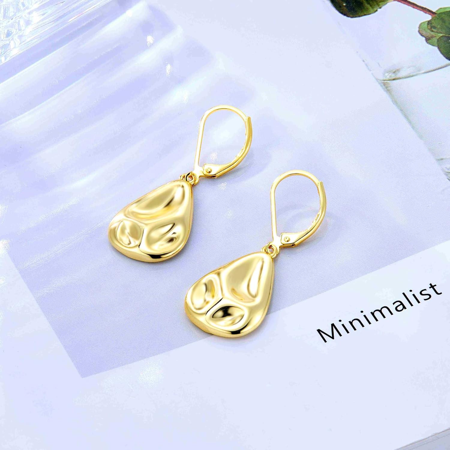 LANCHARMED 925 Sterling Silver Teardrop Dangle Earrings, Hypoallergenic 14k Gold Plated Hammered Waterdrop Earring for Women Trendy Statement Dangling Drop Leverback Earrings Gifts in Jewelry Box(GoldB)