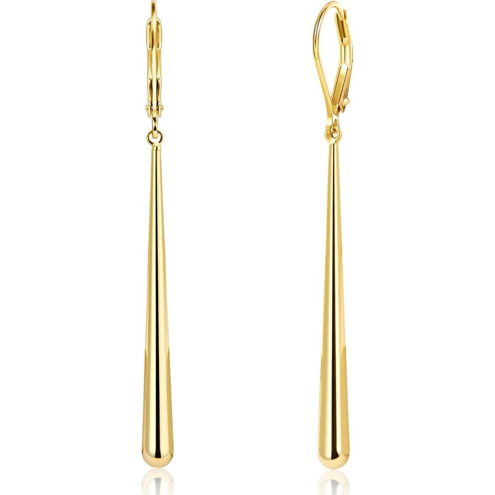 LANCHARMED 925 Sterling Silver Dangle Earrings 14k Gold Plated Long Strip Bar Waterdrop Leverback Earrings Hypoallergenic Lightweight Trendy Long Drop Earings for Women Lady Jewelry Gifts in Box(GoldC)