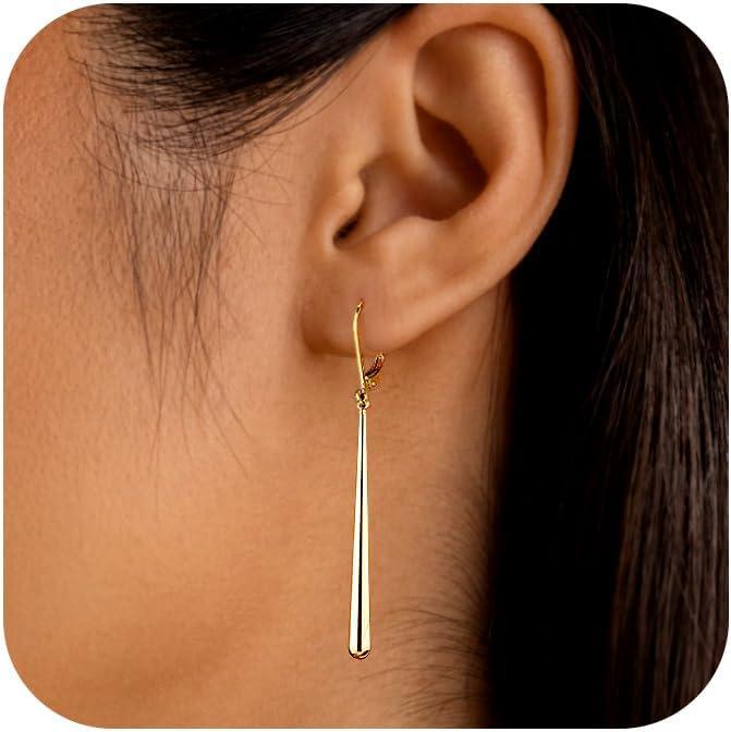 LANCHARMED 925 Sterling Silver Dangle Earrings 14k Gold Plated Long Strip Bar Waterdrop Leverback Earrings Hypoallergenic Lightweight Trendy Long Drop Earings for Women Lady Jewelry Gifts in Box(GoldC)