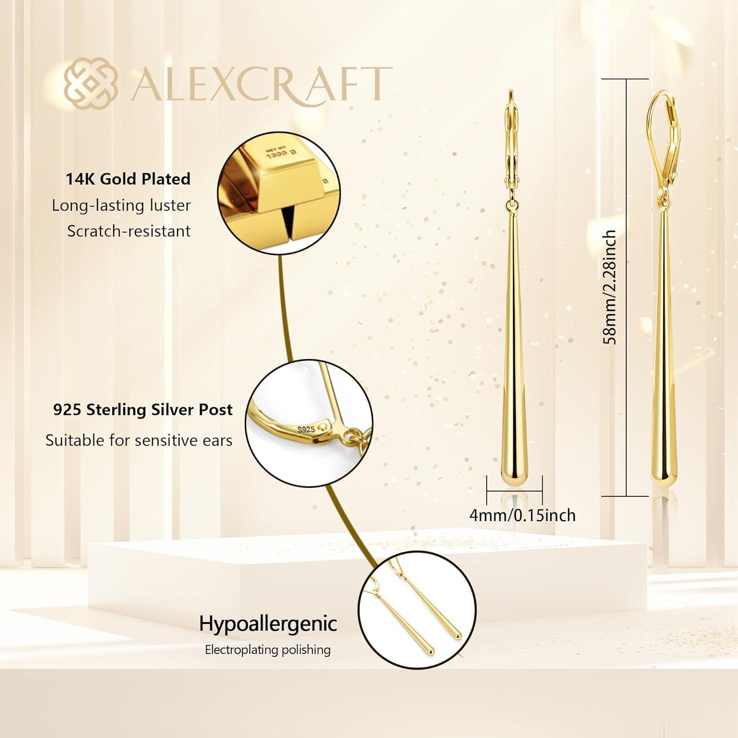 LANCHARMED 925 Sterling Silver Dangle Earrings 14k Gold Plated Long Strip Bar Waterdrop Leverback Earrings Hypoallergenic Lightweight Trendy Long Drop Earings for Women Lady Jewelry Gifts in Box(GoldC)