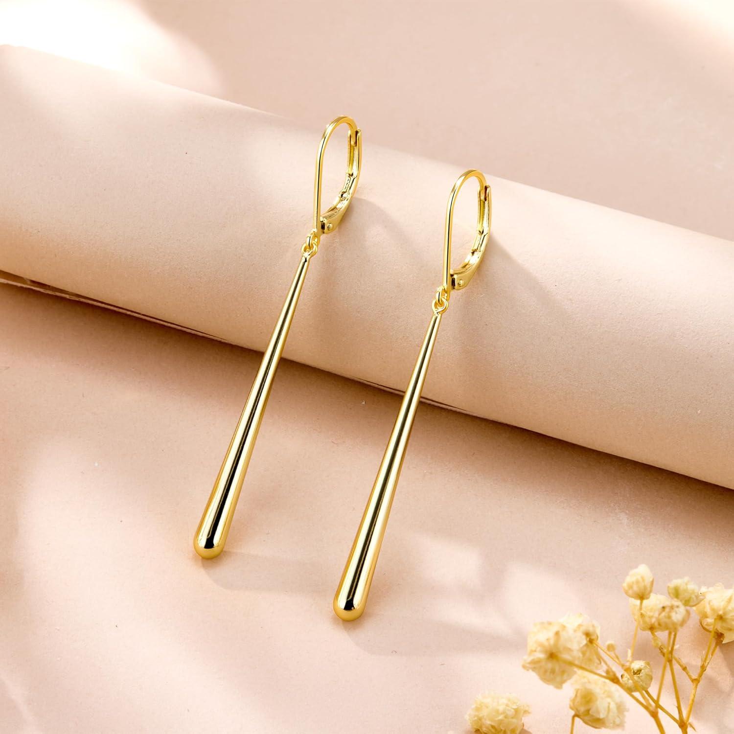 LANCHARMED 925 Sterling Silver Dangle Earrings 14k Gold Plated Long Strip Bar Waterdrop Leverback Earrings Hypoallergenic Lightweight Trendy Long Drop Earings for Women Lady Jewelry Gifts in Box(GoldC)