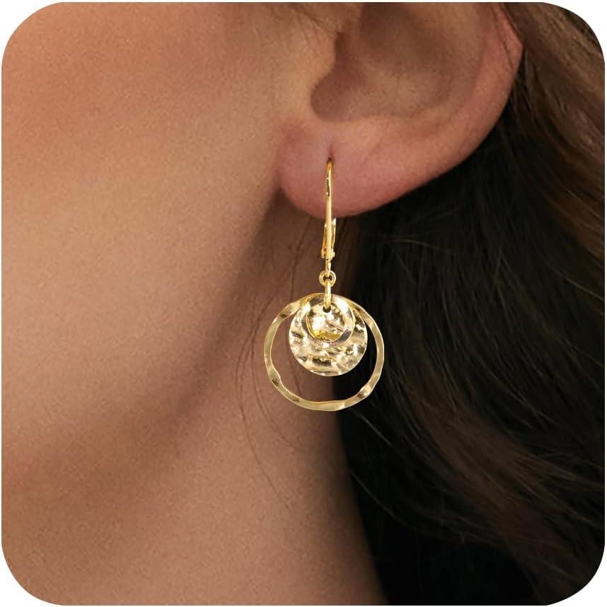 Sterling Silver Disc Leverback Earrings for Women Gold and Silver Circle Drop Dangle Earrings Jewelry Hypoallergenic Hammered Leverback Dangle Earrings for Gifts(14K Gold)