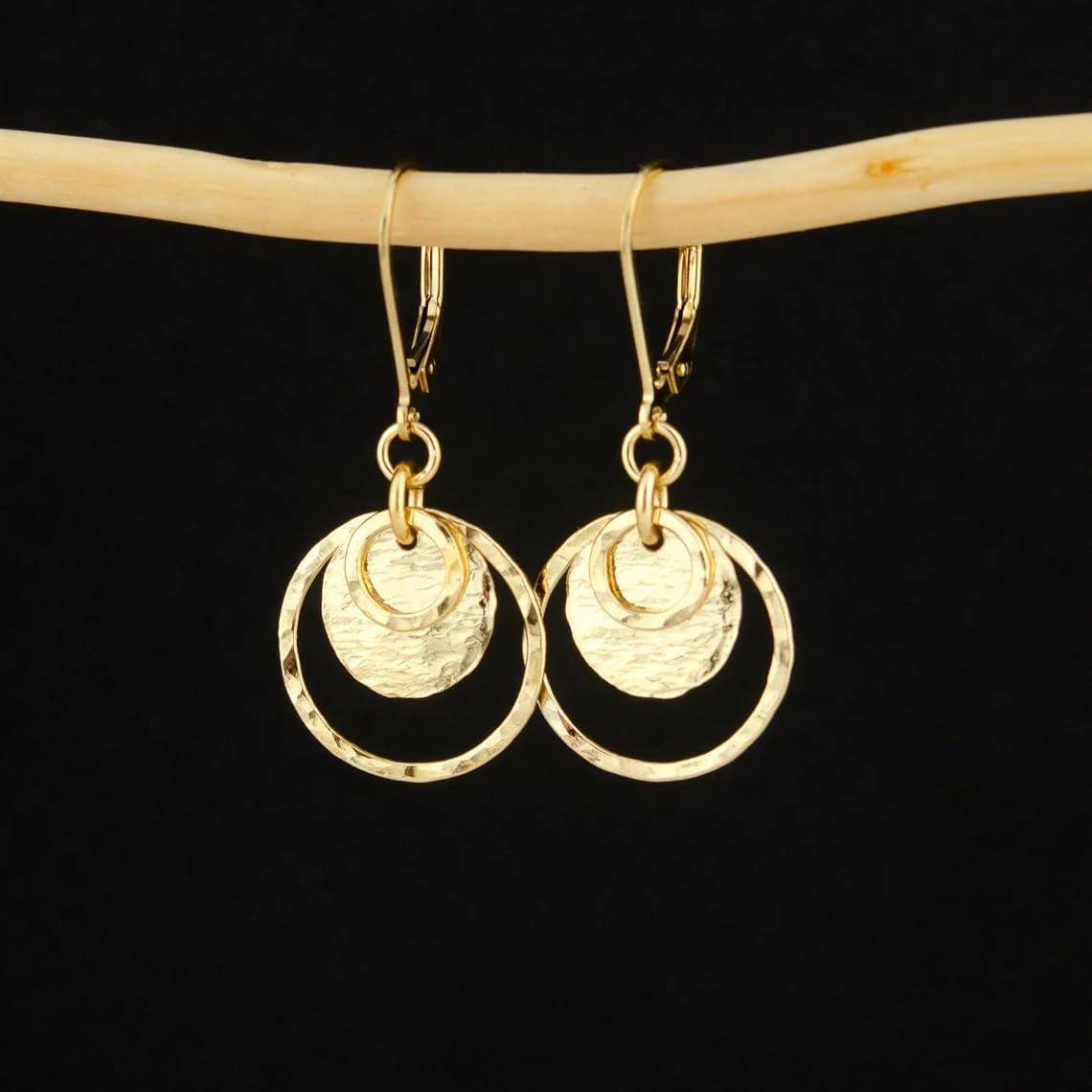 Sterling Silver Disc Leverback Earrings for Women Gold and Silver Circle Drop Dangle Earrings Jewelry Hypoallergenic Hammered Leverback Dangle Earrings for Gifts(14K Gold)