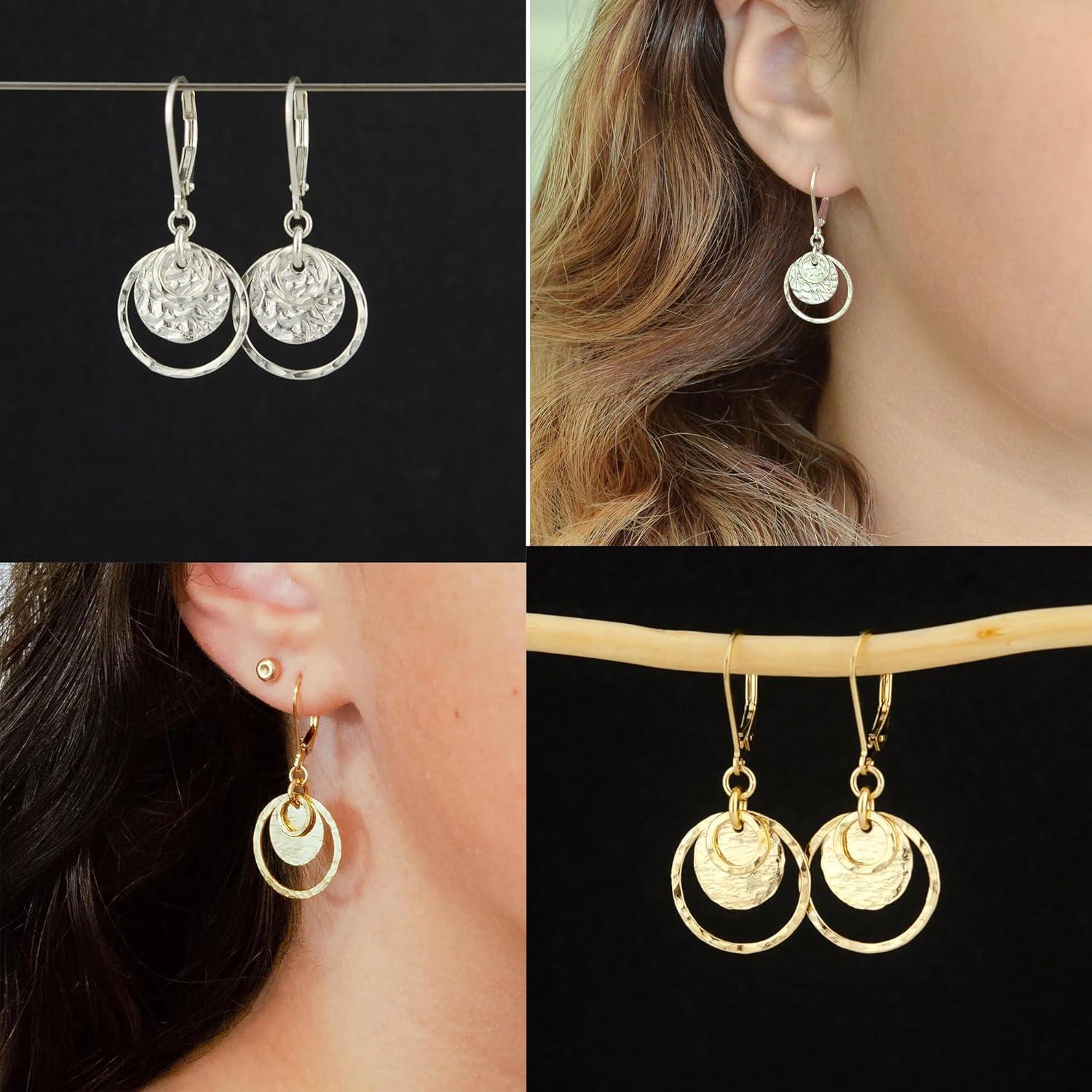 Sterling Silver Disc Leverback Earrings for Women Gold and Silver Circle Drop Dangle Earrings Jewelry Hypoallergenic Hammered Leverback Dangle Earrings for Gifts(14K Gold)