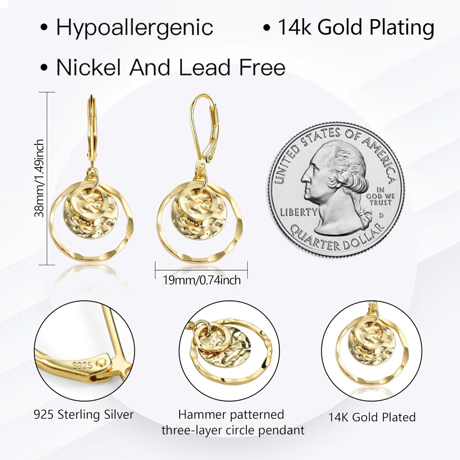 Sterling Silver Disc Leverback Earrings for Women Gold and Silver Circle Drop Dangle Earrings Jewelry Hypoallergenic Hammered Leverback Dangle Earrings for Gifts(14K Gold)