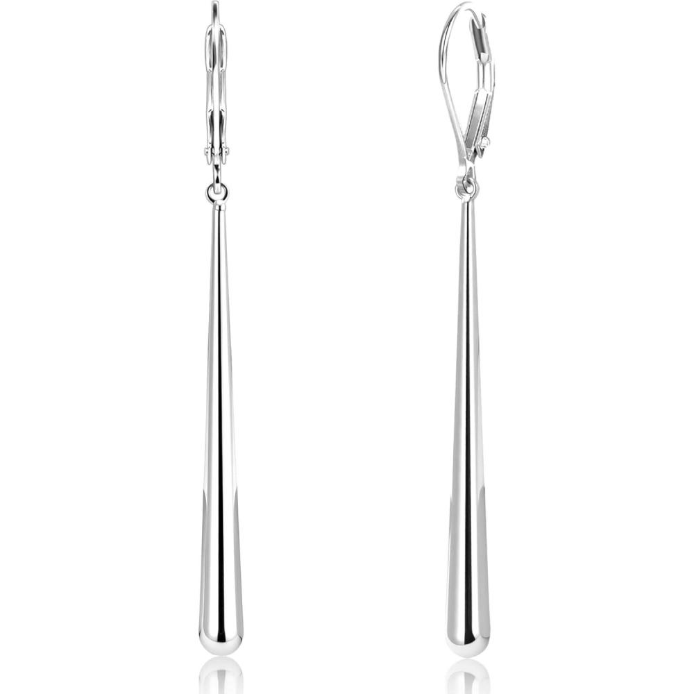 LANCHARMED 925 Sterling Silver Dangle Earrings 14k Gold Plated Long Strip Bar Waterdrop Leverback Earrings Hypoallergenic Lightweight Trendy Long Drop Earings for Women Lady Jewelry Gifts in Box(SilverC)