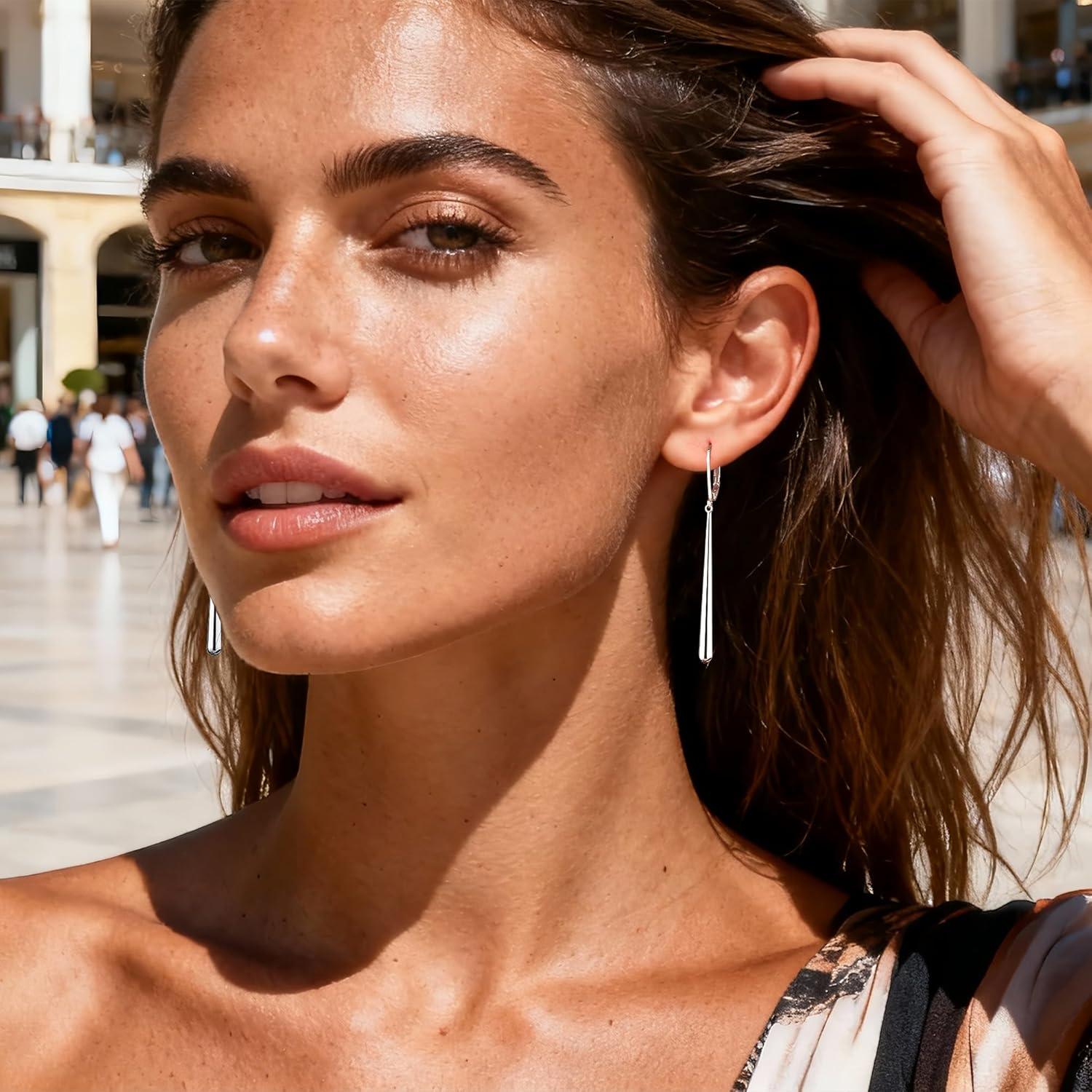 LANCHARMED 925 Sterling Silver Dangle Earrings 14k Gold Plated Long Strip Bar Waterdrop Leverback Earrings Hypoallergenic Lightweight Trendy Long Drop Earings for Women Lady Jewelry Gifts in Box(SilverC)