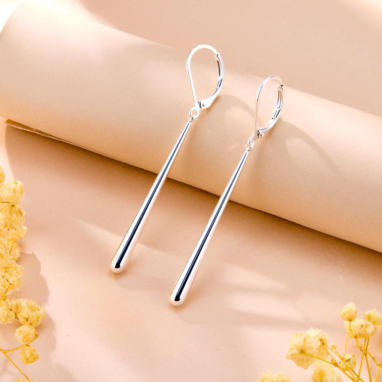 LANCHARMED 925 Sterling Silver Dangle Earrings 14k Gold Plated Long Strip Bar Waterdrop Leverback Earrings Hypoallergenic Lightweight Trendy Long Drop Earings for Women Lady Jewelry Gifts in Box(SilverC)
