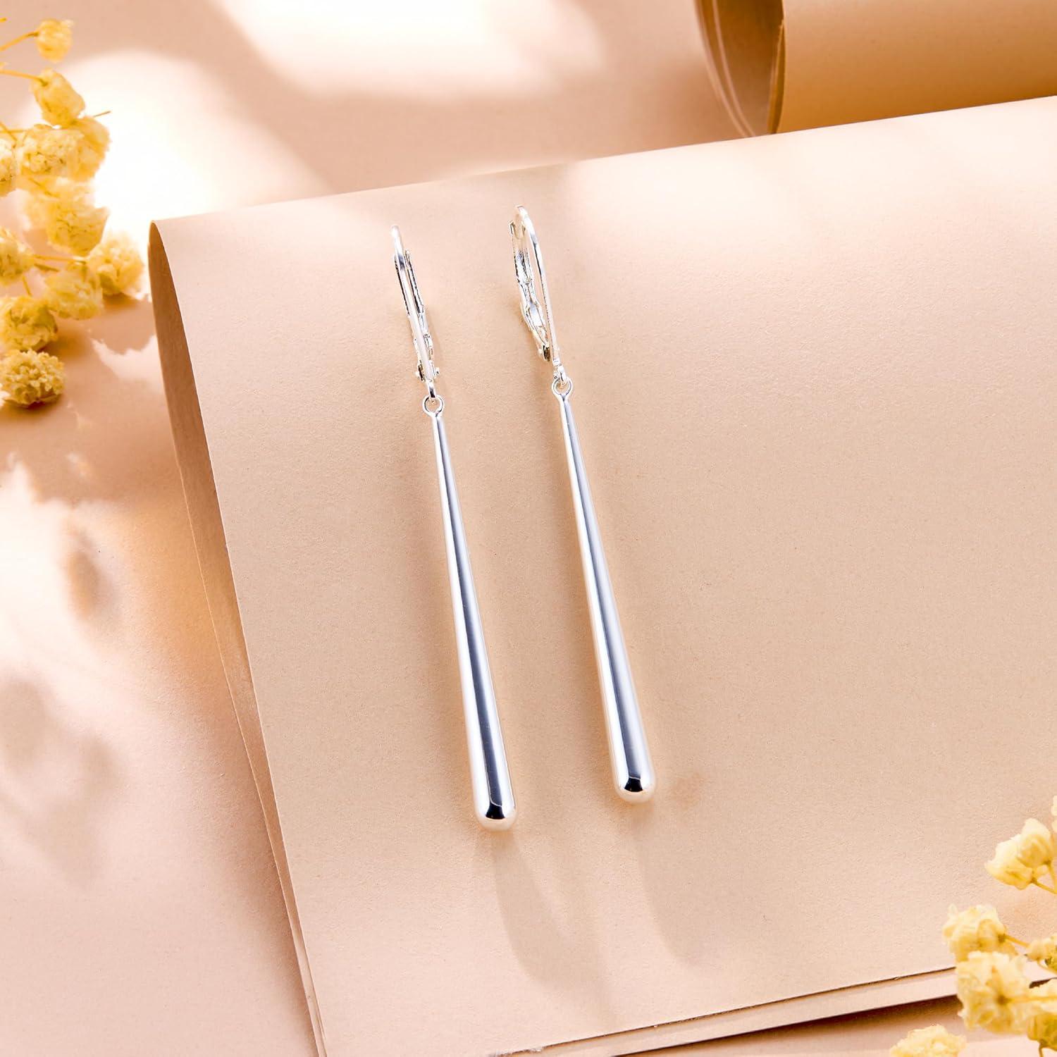 LANCHARMED 925 Sterling Silver Dangle Earrings 14k Gold Plated Long Strip Bar Waterdrop Leverback Earrings Hypoallergenic Lightweight Trendy Long Drop Earings for Women Lady Jewelry Gifts in Box(SilverC)