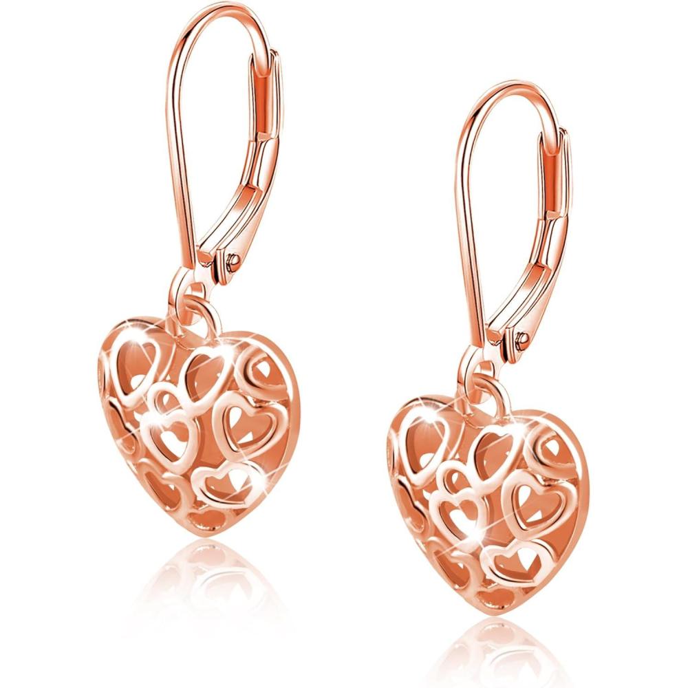 LANCHARMED 925 Sterling Silver 14K Gold French Style Leverback Earrings, Heart Dangle Drop Earrings for Women Hypoallergenic Jewelry(Heart Dangle Rose Gold)