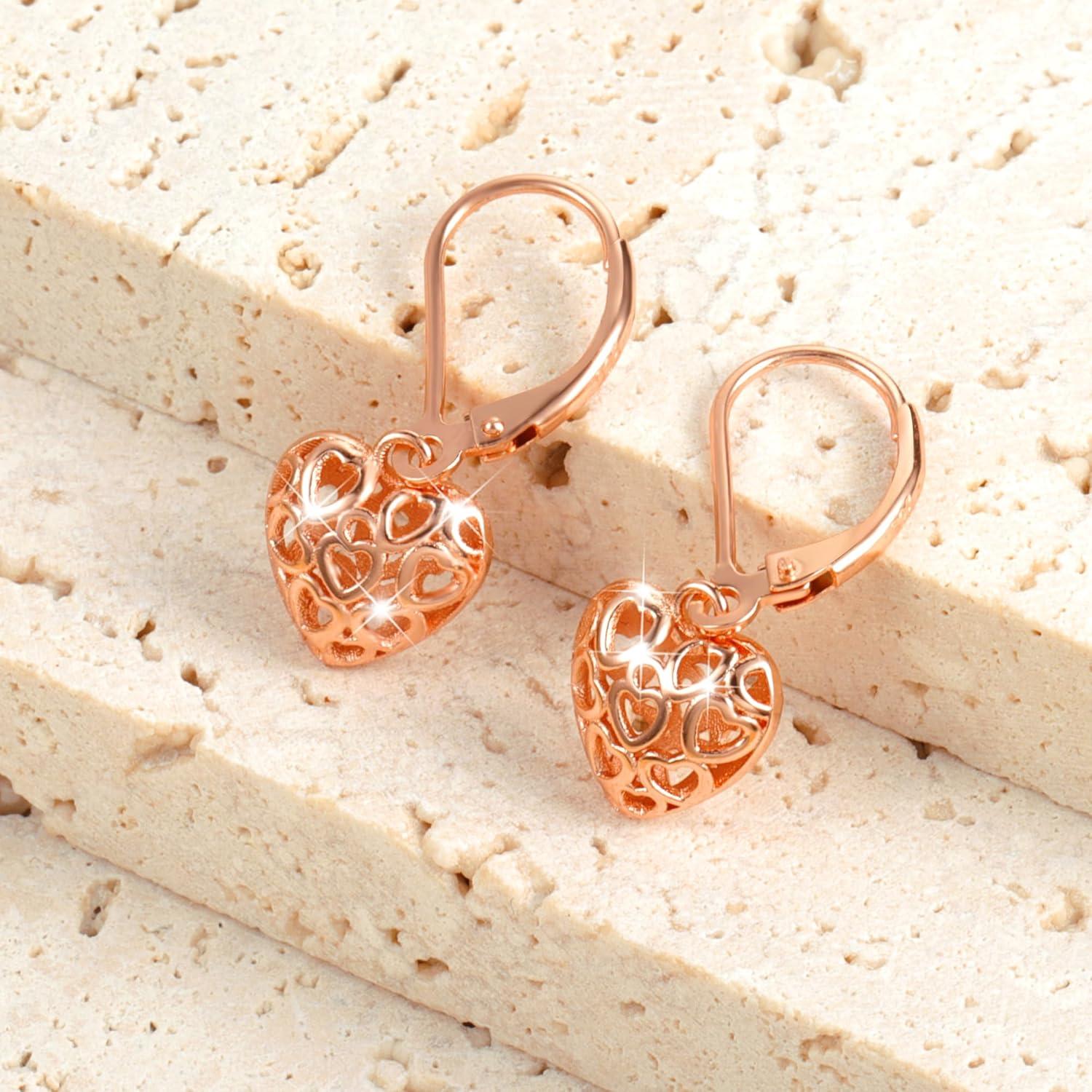 LANCHARMED 925 Sterling Silver 14K Gold French Style Leverback Earrings, Heart Dangle Drop Earrings for Women Hypoallergenic Jewelry(Heart Dangle Rose Gold)