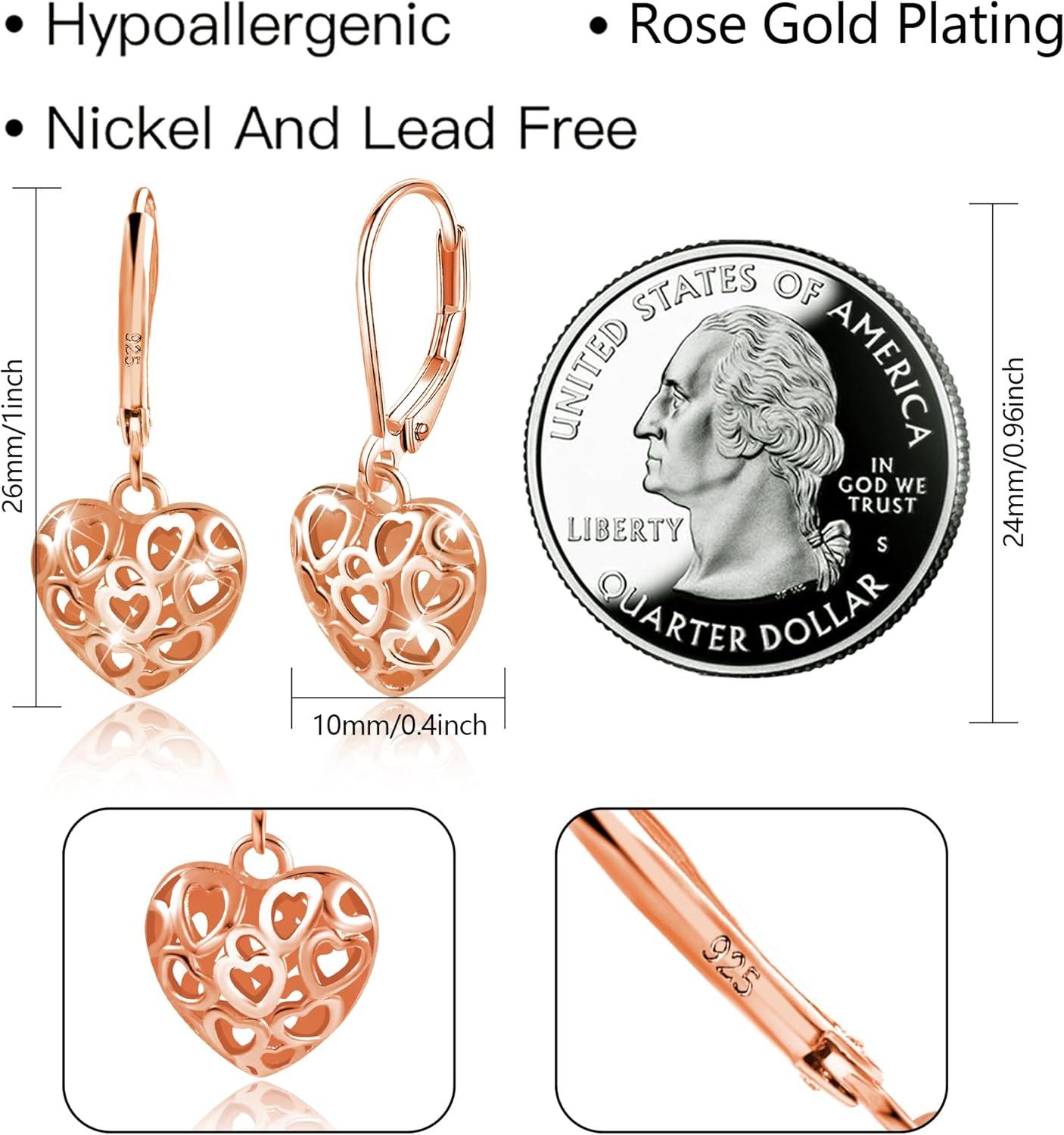 LANCHARMED 925 Sterling Silver 14K Gold French Style Leverback Earrings, Heart Dangle Drop Earrings for Women Hypoallergenic Jewelry(Heart Dangle Rose Gold)